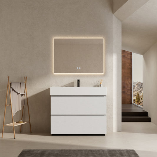 Mobile bagno a Terra 100 cm Bianco Lavabo in Resina Specchio Quadro Retroilluminato - Nube Wood