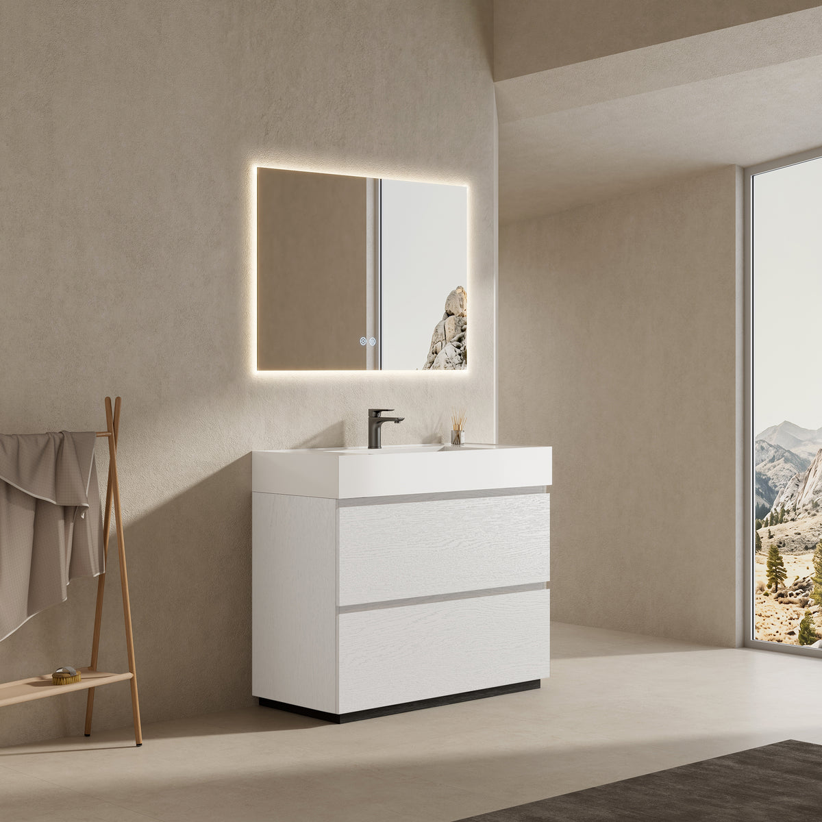 Mobile bagno a Terra 100 cm Bianco Lavabo in Resina Specchio Quadro Retroilluminato - Nube Wood
