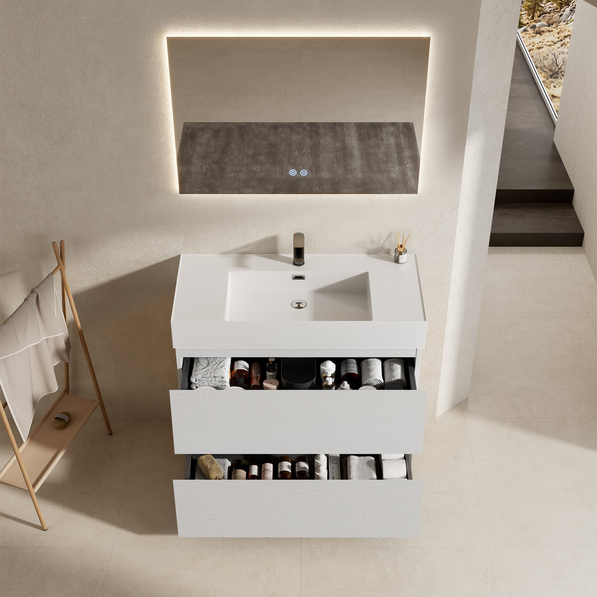 Mobile bagno a Terra 100 cm Bianco Lavabo in Resina Specchio Quadro Retroilluminato - Nube Wood