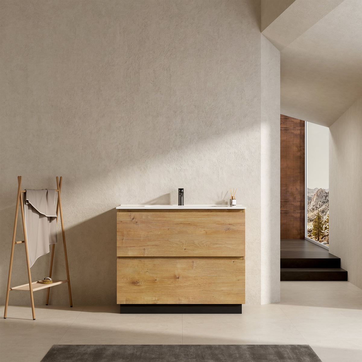 Mobile bagno a Terra 100 cm Bruno Medio Lavabo in Ceramica Senza Specchio - Nube Wood