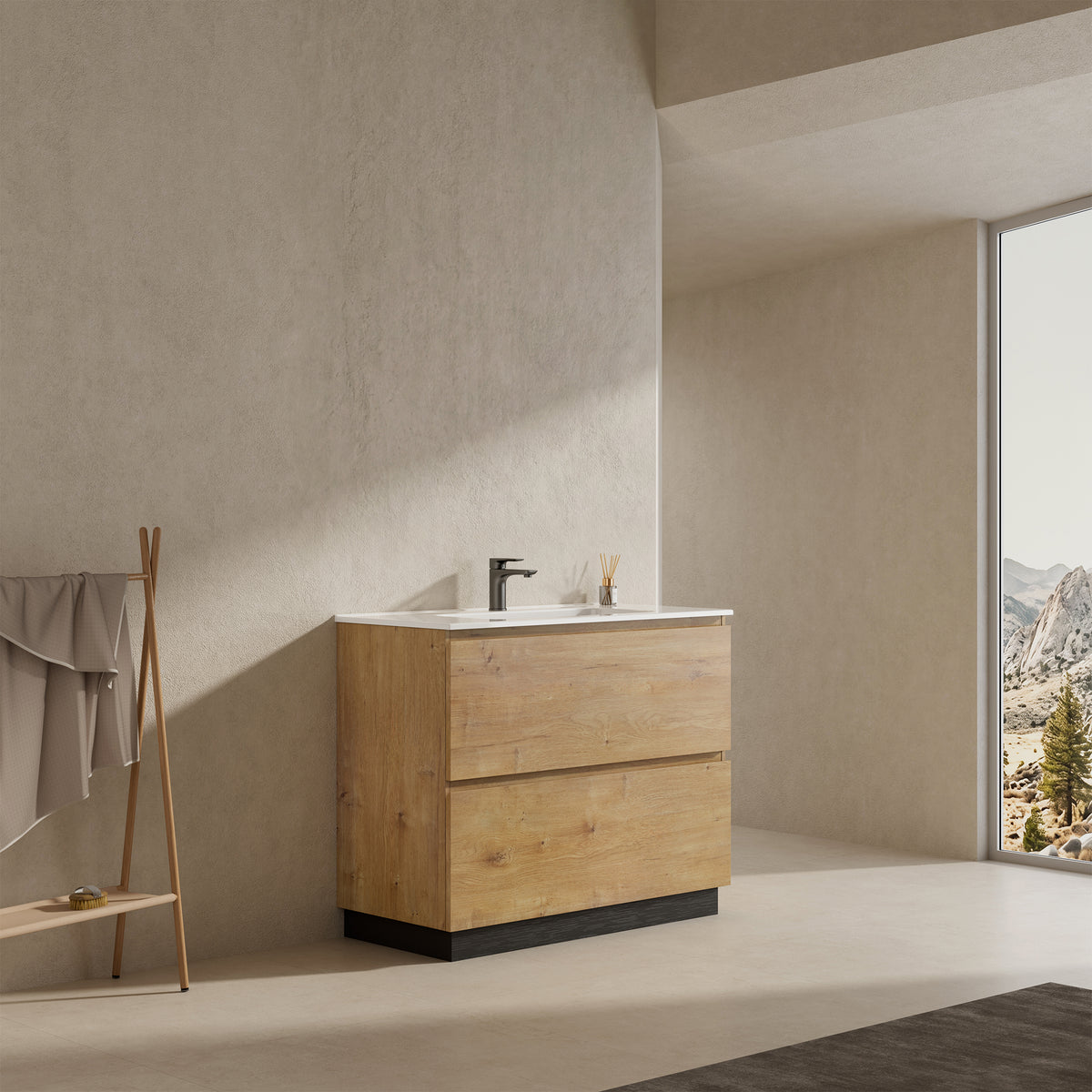 Mobile bagno a Terra 100 cm Bruno Medio Lavabo in Ceramica Senza Specchio - Nube Wood