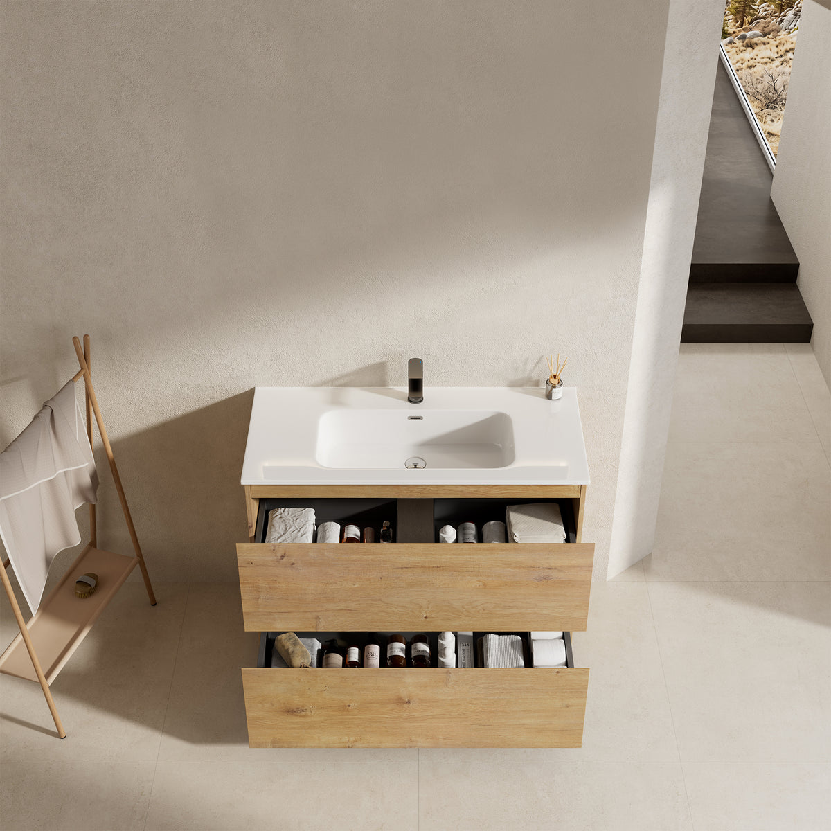 Mobile bagno a Terra 100 cm Bruno Medio Lavabo in Ceramica Senza Specchio - Nube Wood