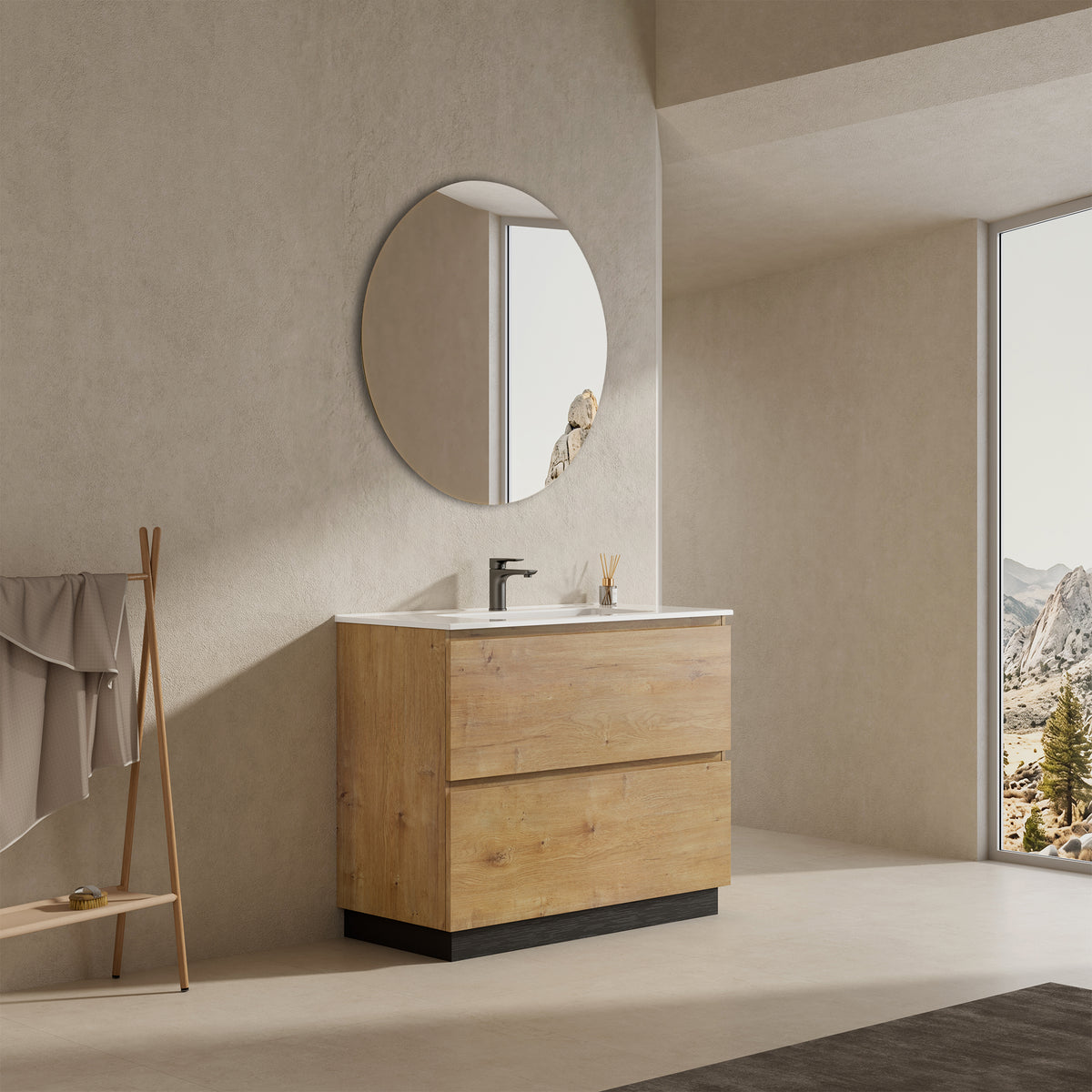 Mobile bagno a Terra 80 cm Bruno Medio Lavabo in Ceramica Specchio Tondo - Nube Wood
