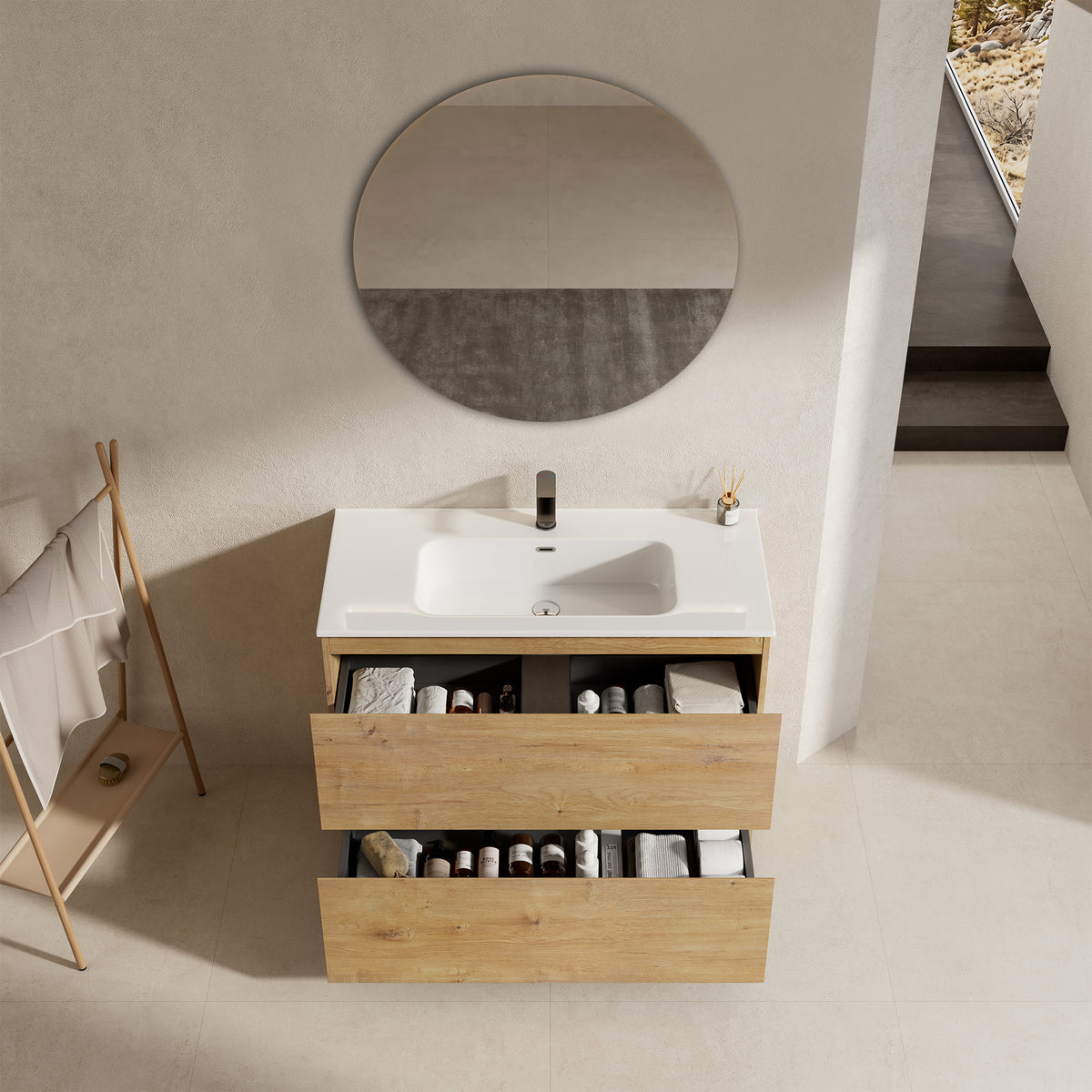 Mobile bagno a Terra 80 cm Bruno Medio Lavabo in Ceramica Specchio Tondo - Nube Wood