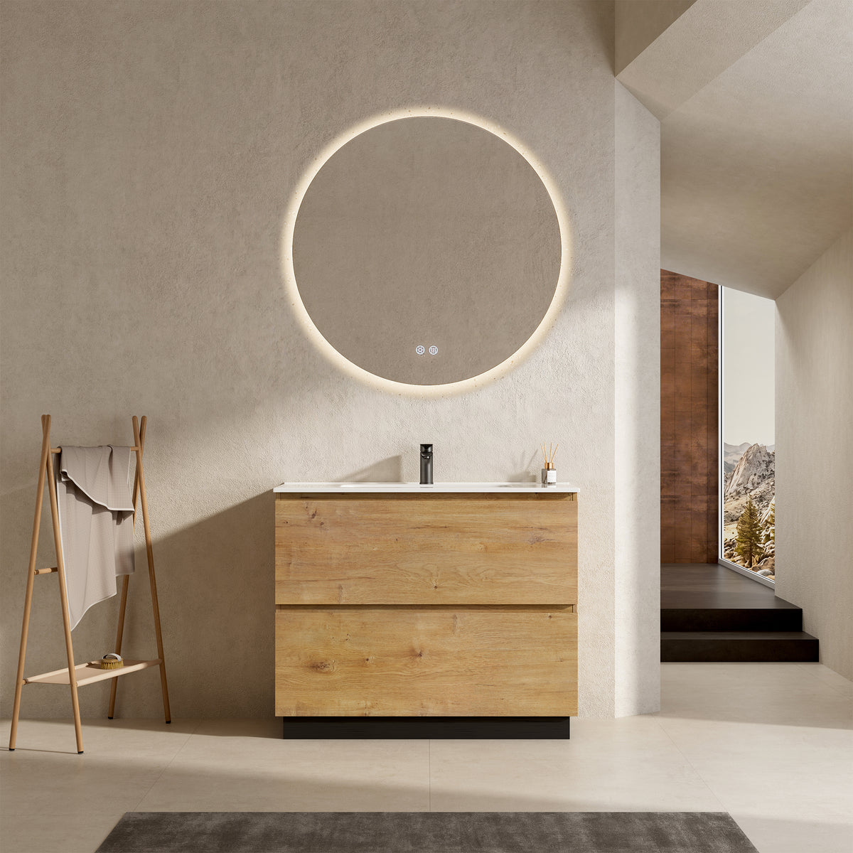 Mobile bagno a Terra 80 cm Bruno Medio Lavabo in Ceramica Specchio Quadro - Nube Wood
