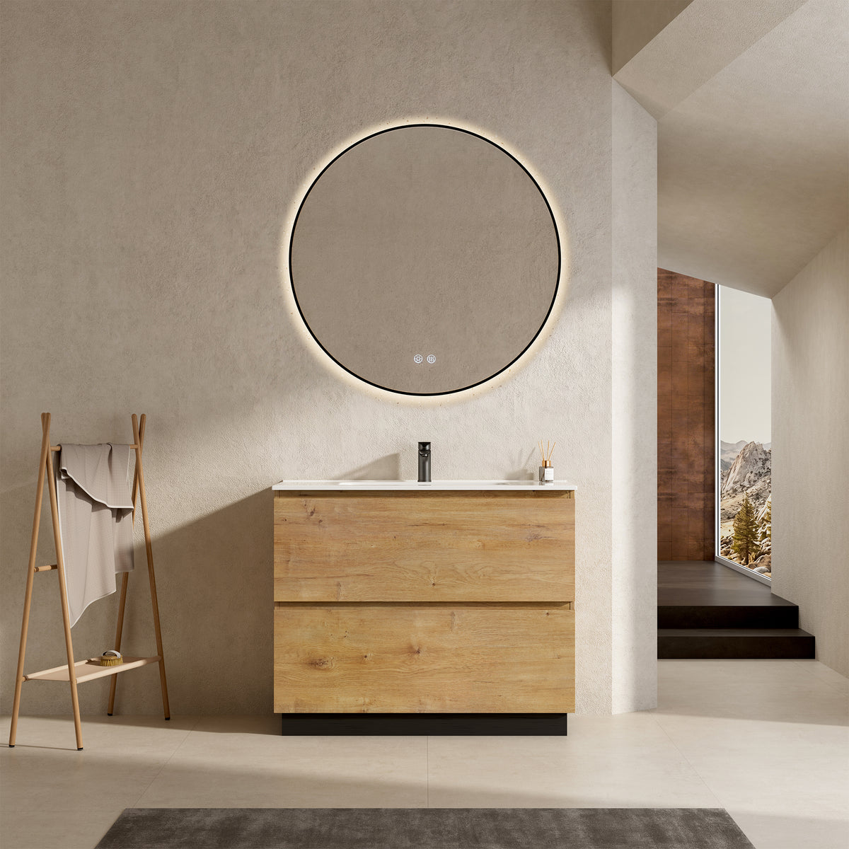 Mobile bagno a Terra 80 cm Bruno Medio Lavabo in Ceramica Specchio Tondo Retroilluminato Profilo Nero - Nube Wood