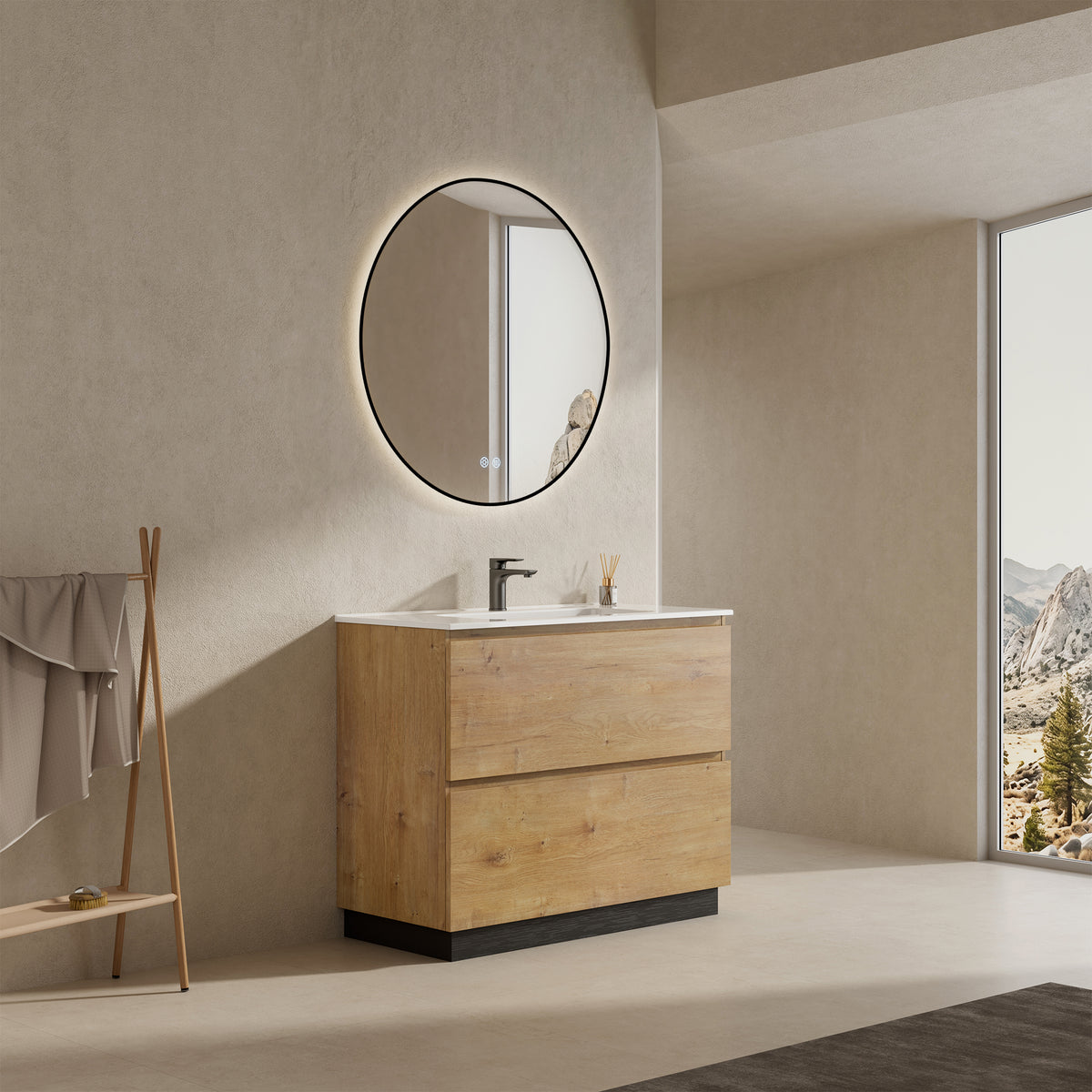 Mobile bagno a Terra 80 cm Bruno Medio Lavabo in Ceramica Specchio Tondo Retroilluminato Profilo Nero - Nube Wood