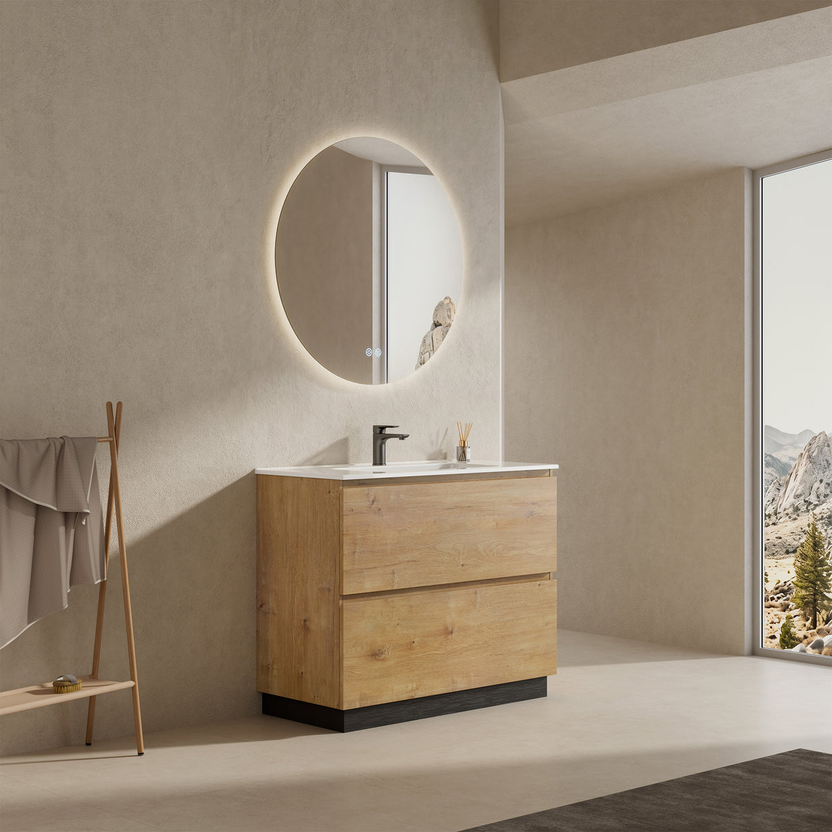 Mobile bagno a Terra 80 cm Bruno Medio Lavabo in Ceramica Specchio Quadro - Nube Wood