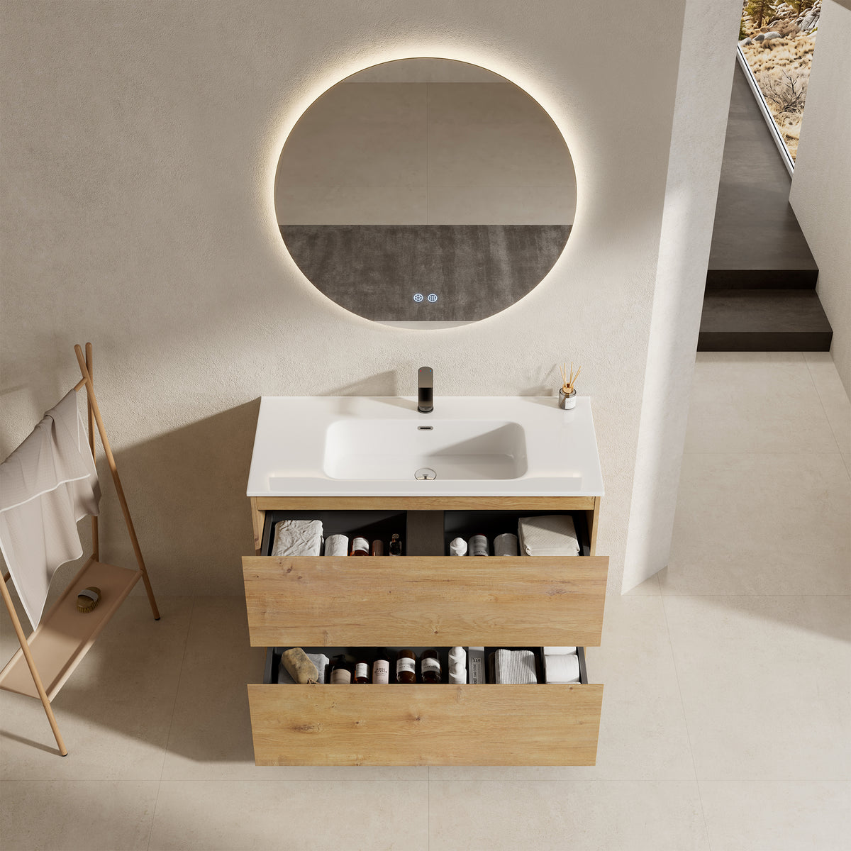 Mobile bagno a Terra 80 cm Bruno Medio Lavabo in Ceramica Specchio Quadro - Nube Wood