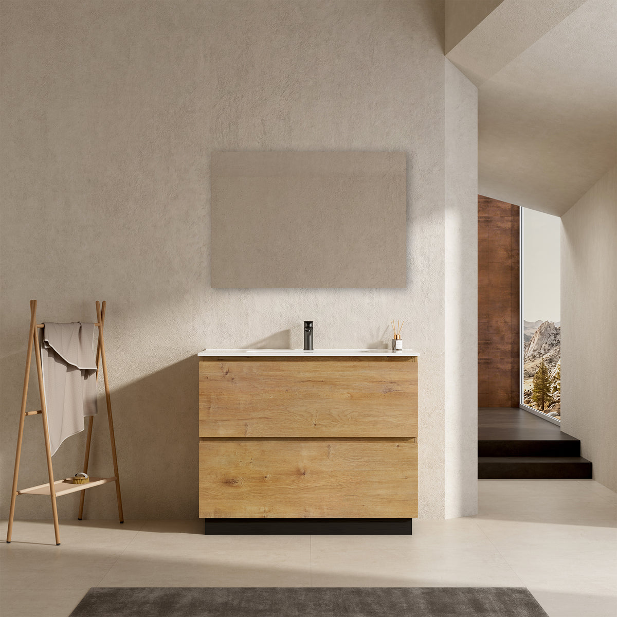 Mobile bagno a Terra 100 cm Bruno Medio Lavabo in Ceramica Specchio Tondo Retroilluminato - Nube Wood
