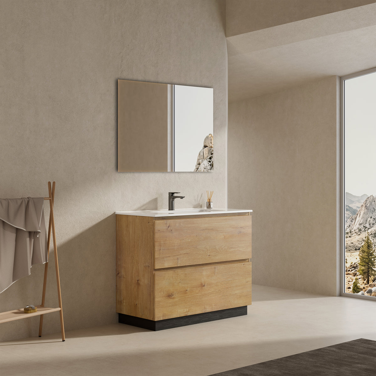 Mobile bagno a Terra 100 cm Bruno Medio Lavabo in Ceramica Specchio Tondo Retroilluminato - Nube Wood