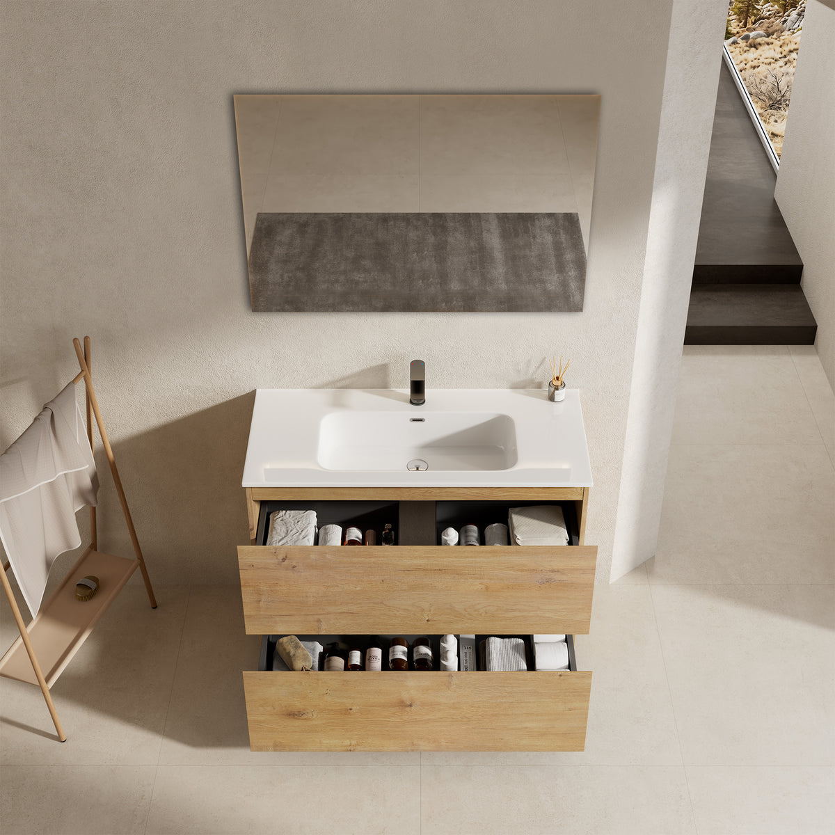 Mobile bagno a Terra 100 cm Bruno Medio Lavabo in Ceramica Specchio Tondo Retroilluminato - Nube Wood