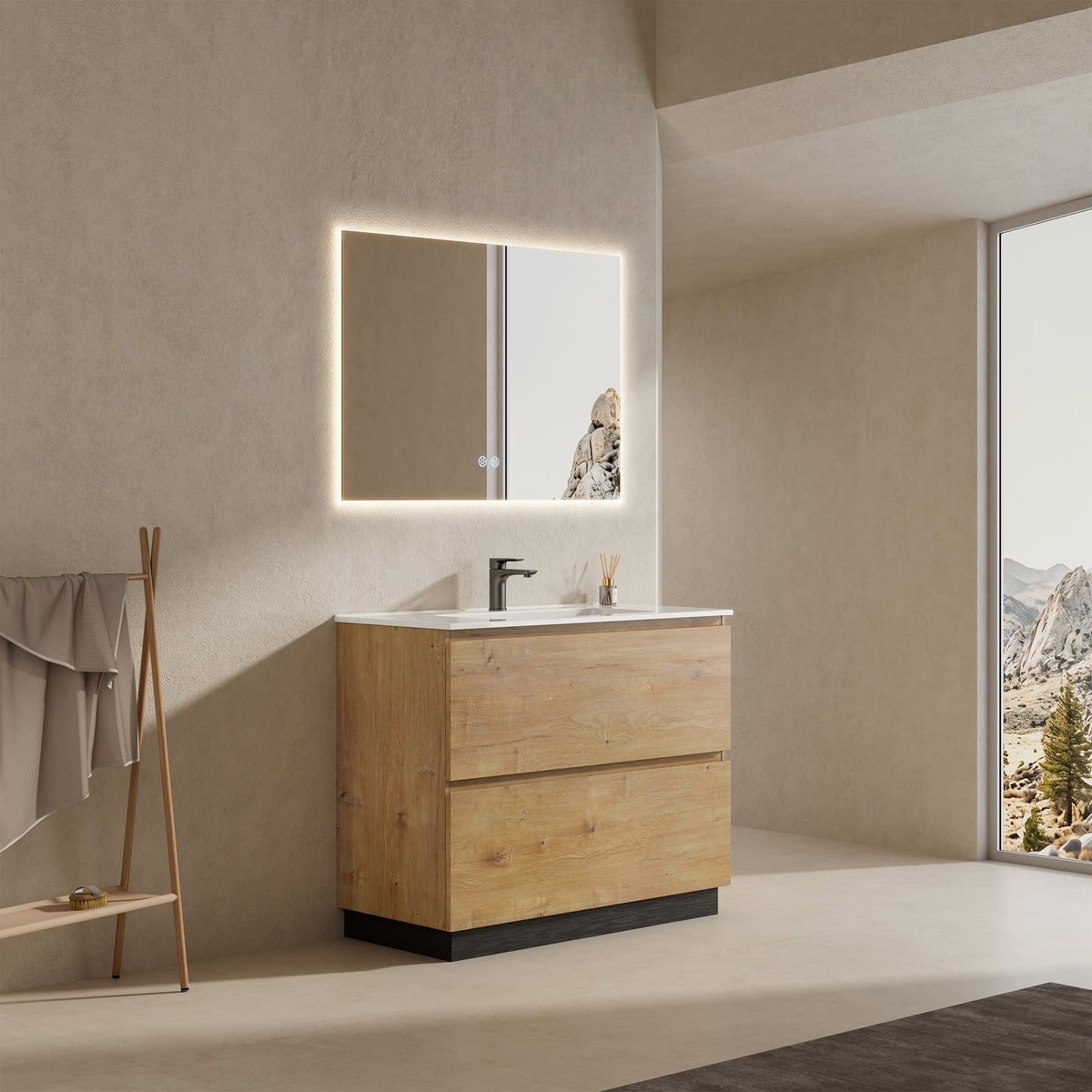 Mobile bagno a Terra 80 cm Bruno Medio Lavabo in Ceramica Specchio Quadro Retroilluminato - Nube Wood