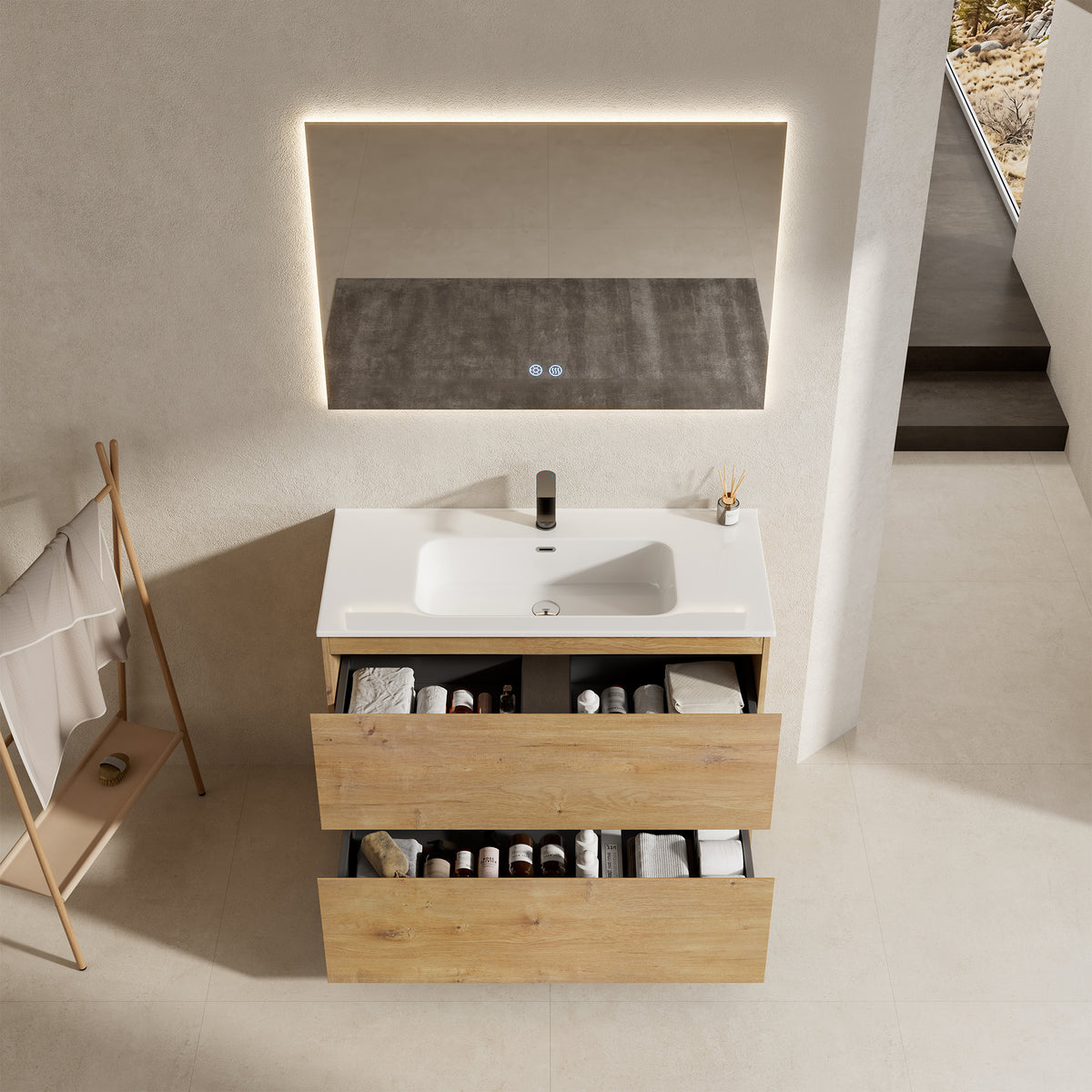 Mobile bagno a Terra 80 cm Bruno Medio Lavabo in Ceramica Specchio Quadro Retroilluminato - Nube Wood