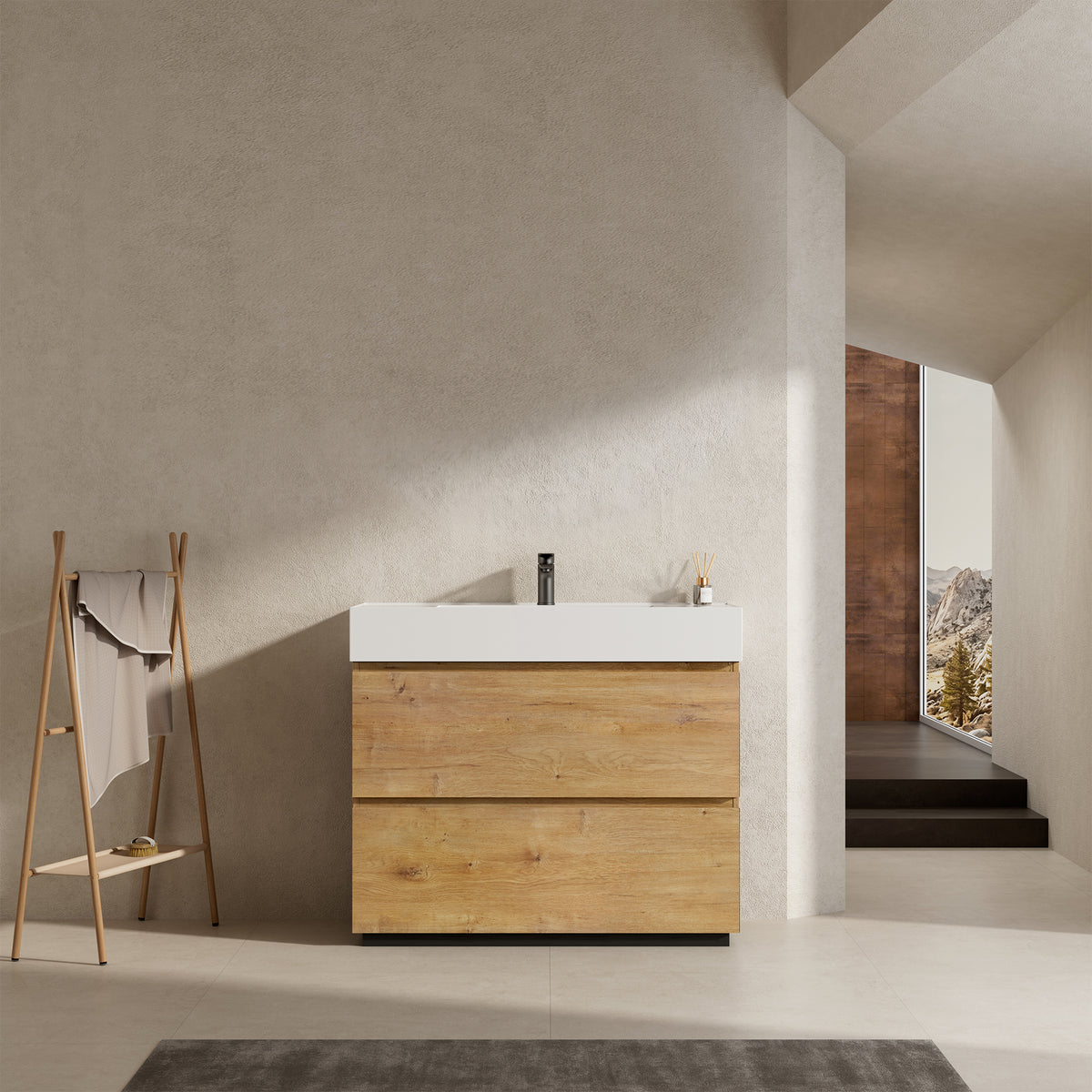 Mobile bagno a Terra 100 cm Bruno Medio Lavabo in Resina Senza Specchio - Nube Wood