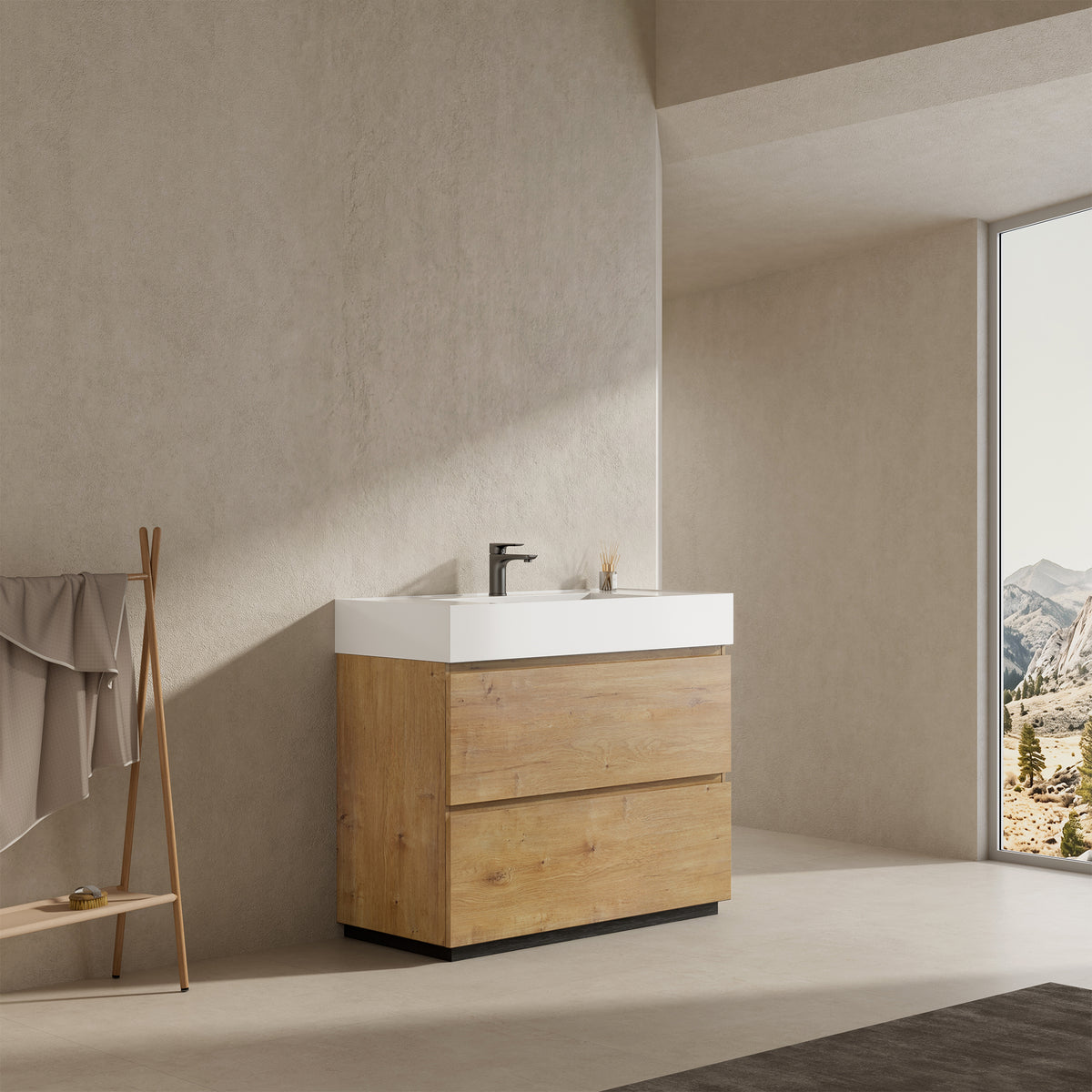 Mobile bagno a Terra 100 cm Bruno Medio Lavabo in Resina Senza Specchio - Nube Wood