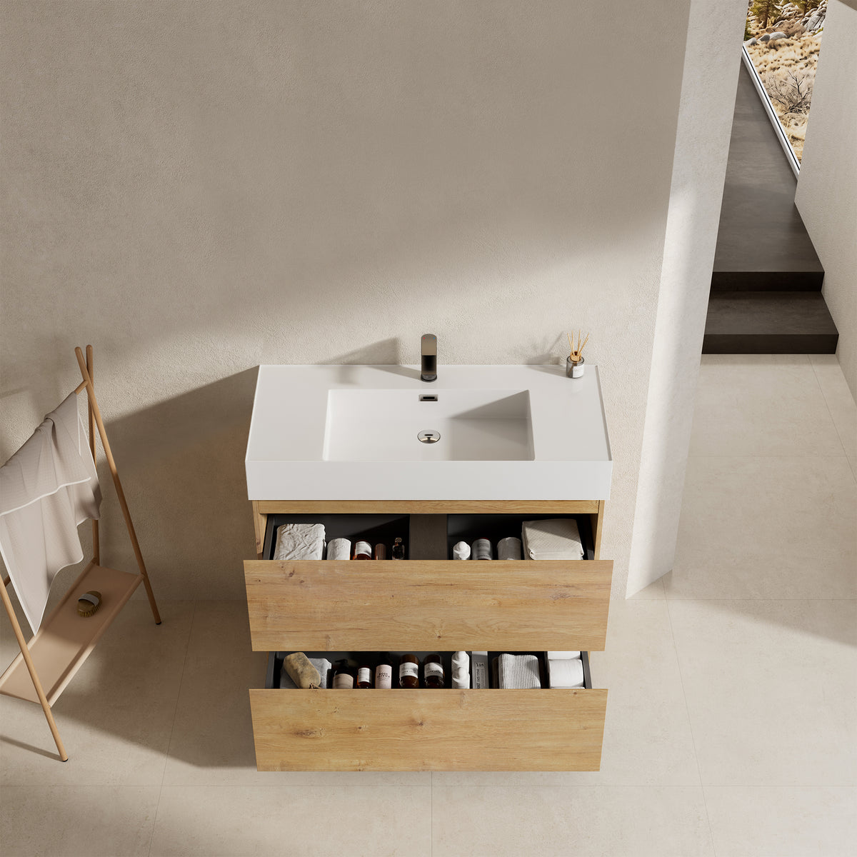 Mobile bagno a Terra 100 cm Bruno Medio Lavabo in Resina Senza Specchio - Nube Wood