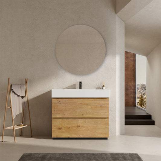 Mobile bagno a Terra 100 cm Bruno Medio Lavabo in Resina Specchio Tondo - Nube Wood