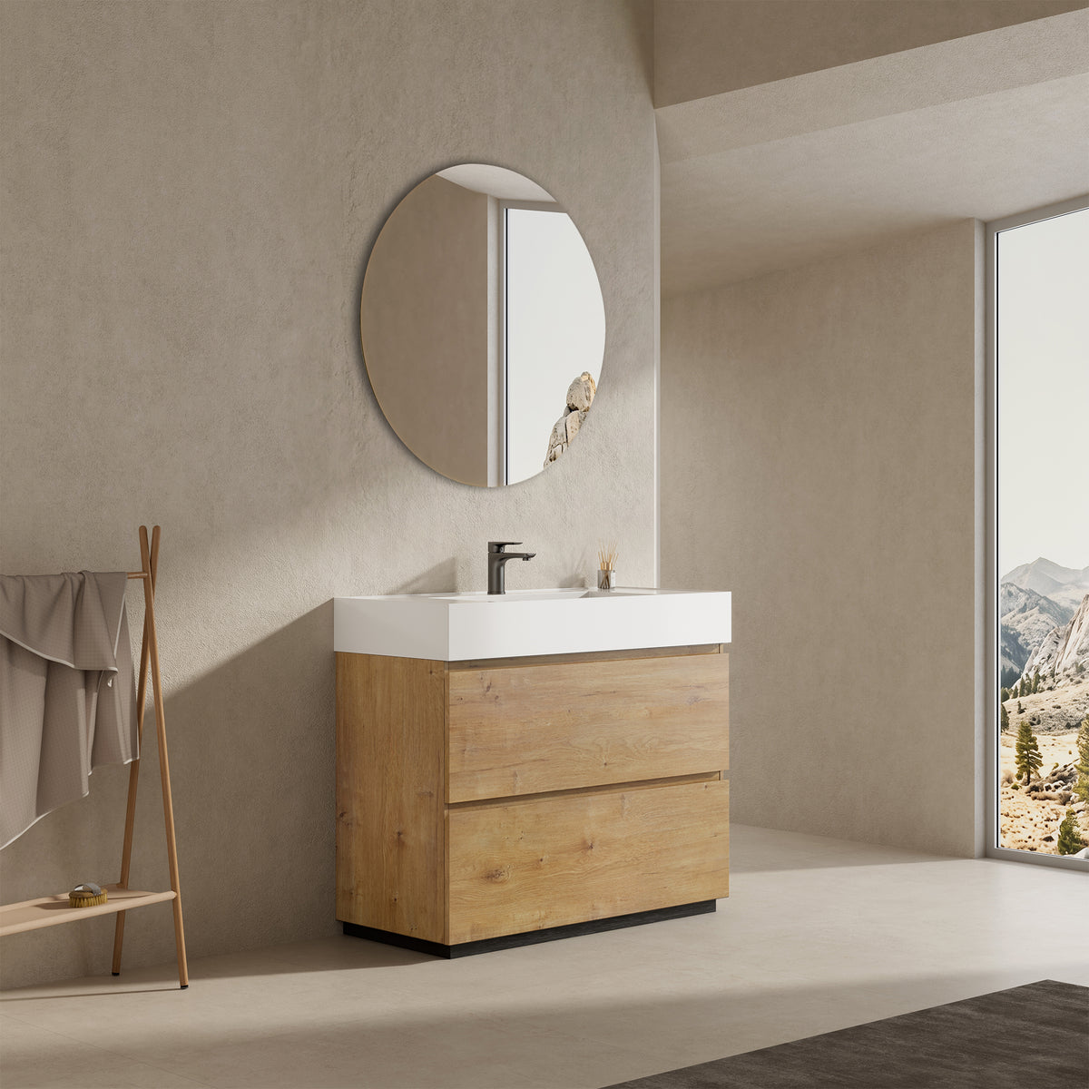 Mobile bagno a Terra 80 cm Bruno Medio Lavabo in Resina Specchio Tondo - Nube Wood