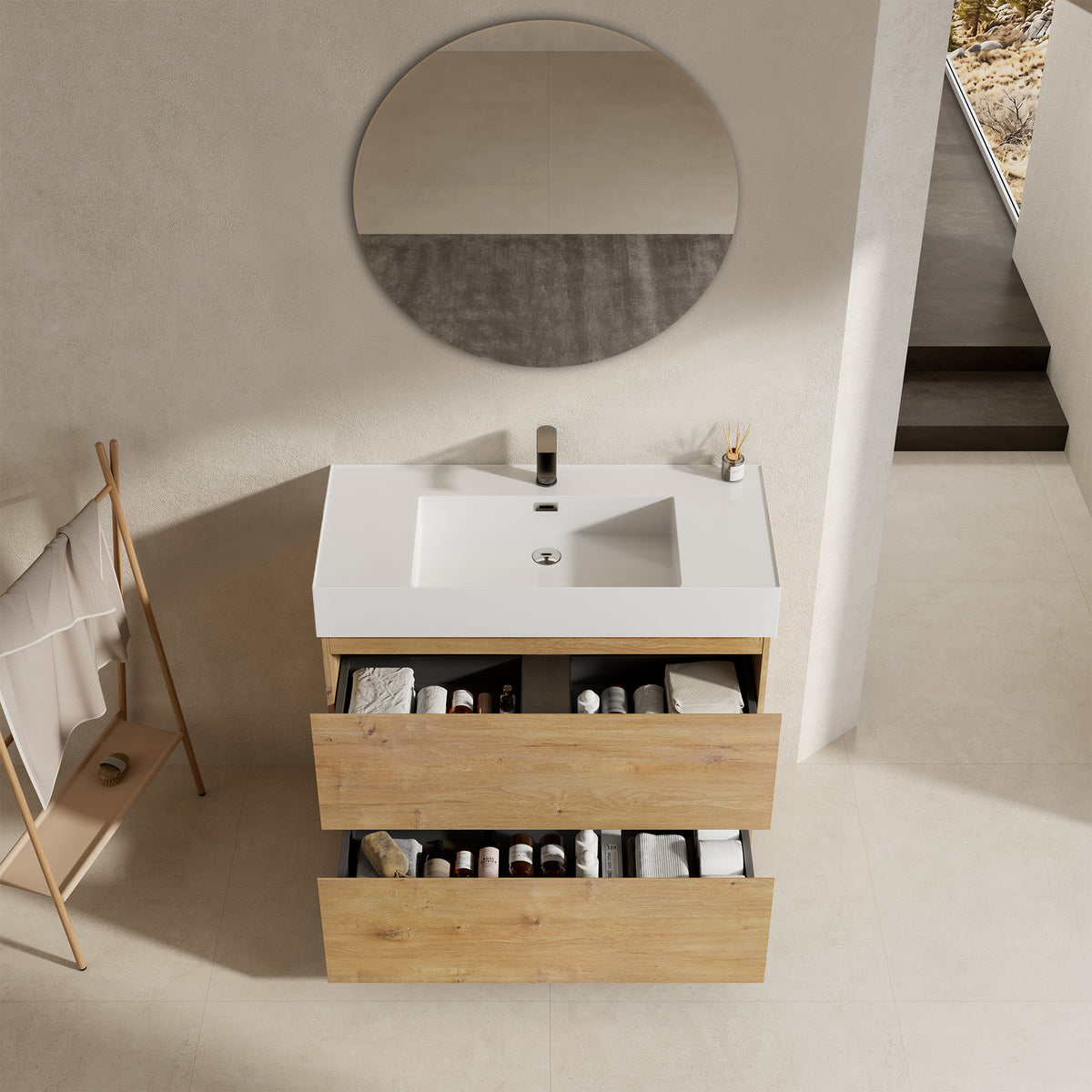 Mobile bagno a Terra 80 cm Bruno Medio Lavabo in Resina Specchio Tondo - Nube Wood