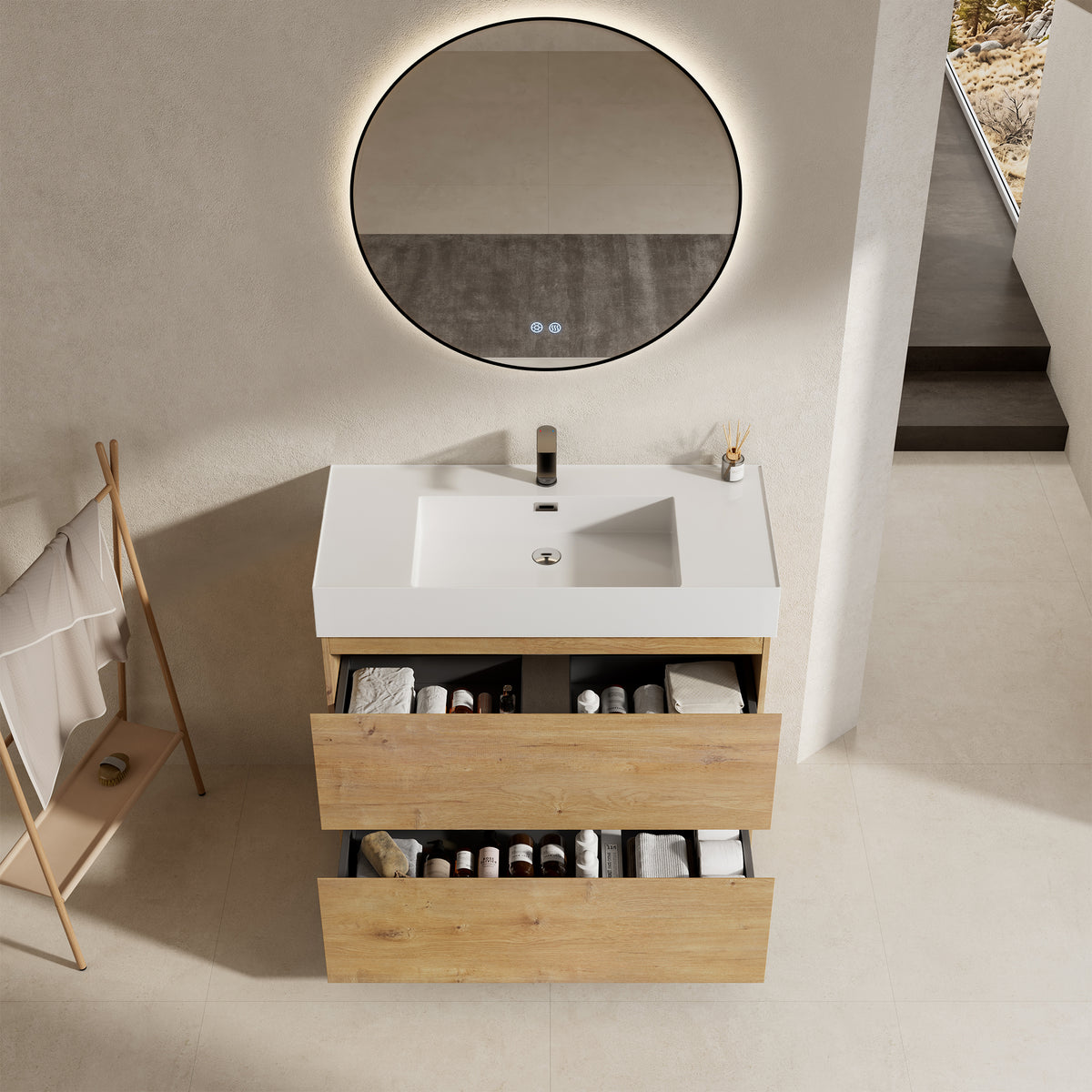 Mobile bagno a Terra 100 cm Bruno Medio Lavabo in Resina Specchio Tondo Retroilluminato Profilo Nero - Nube Wood