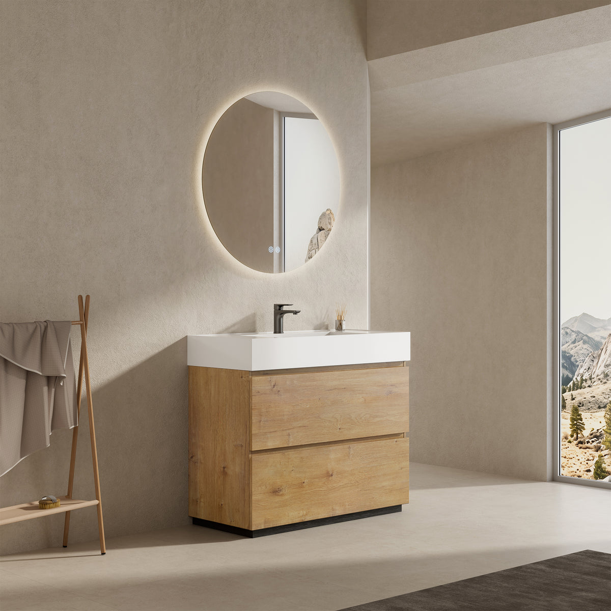 Mobile bagno a Terra 100 cm Bruno Medio Lavabo in Resina Specchio Quadro - Nube Wood