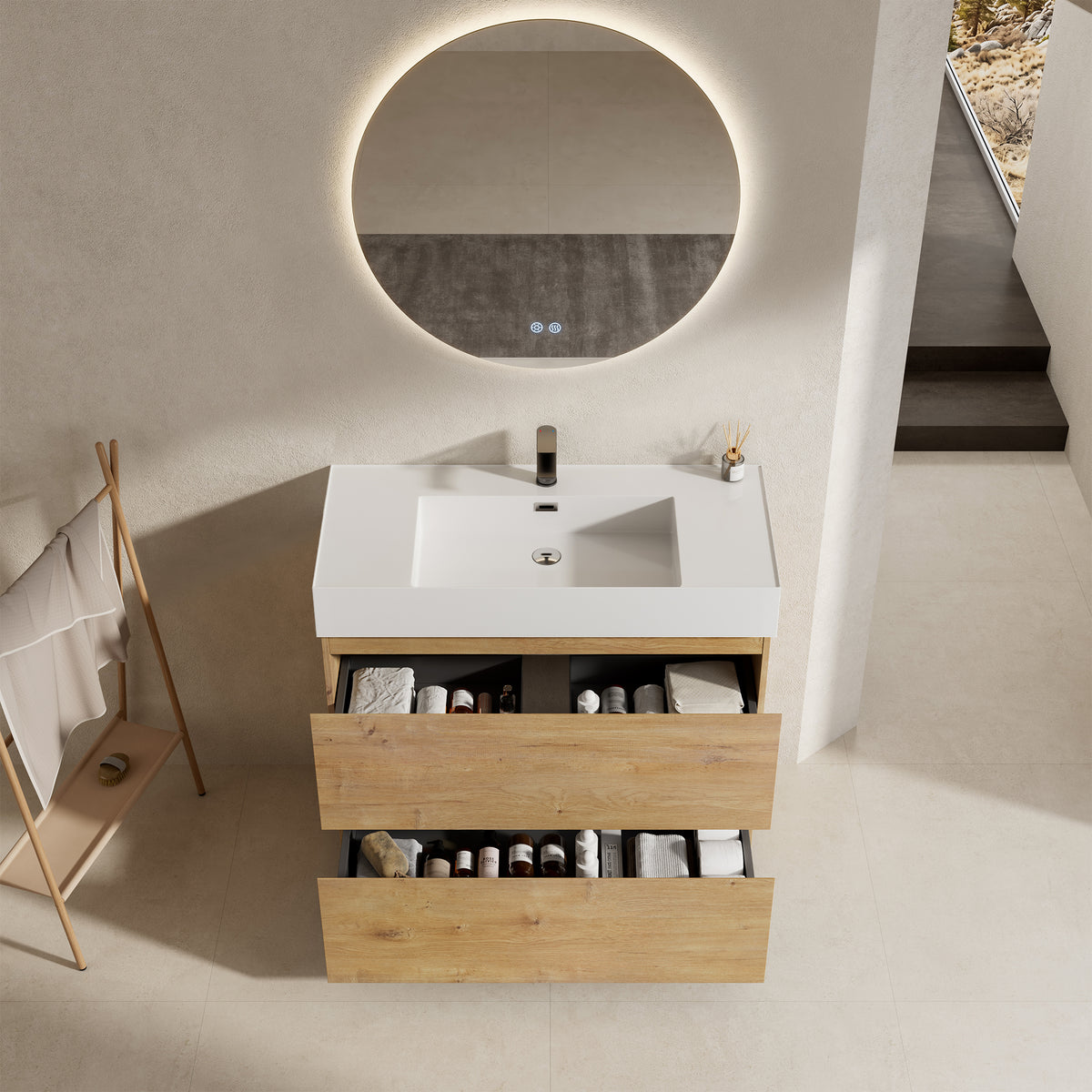 Mobile bagno a Terra 100 cm Bruno Medio Lavabo in Resina Specchio Quadro - Nube Wood