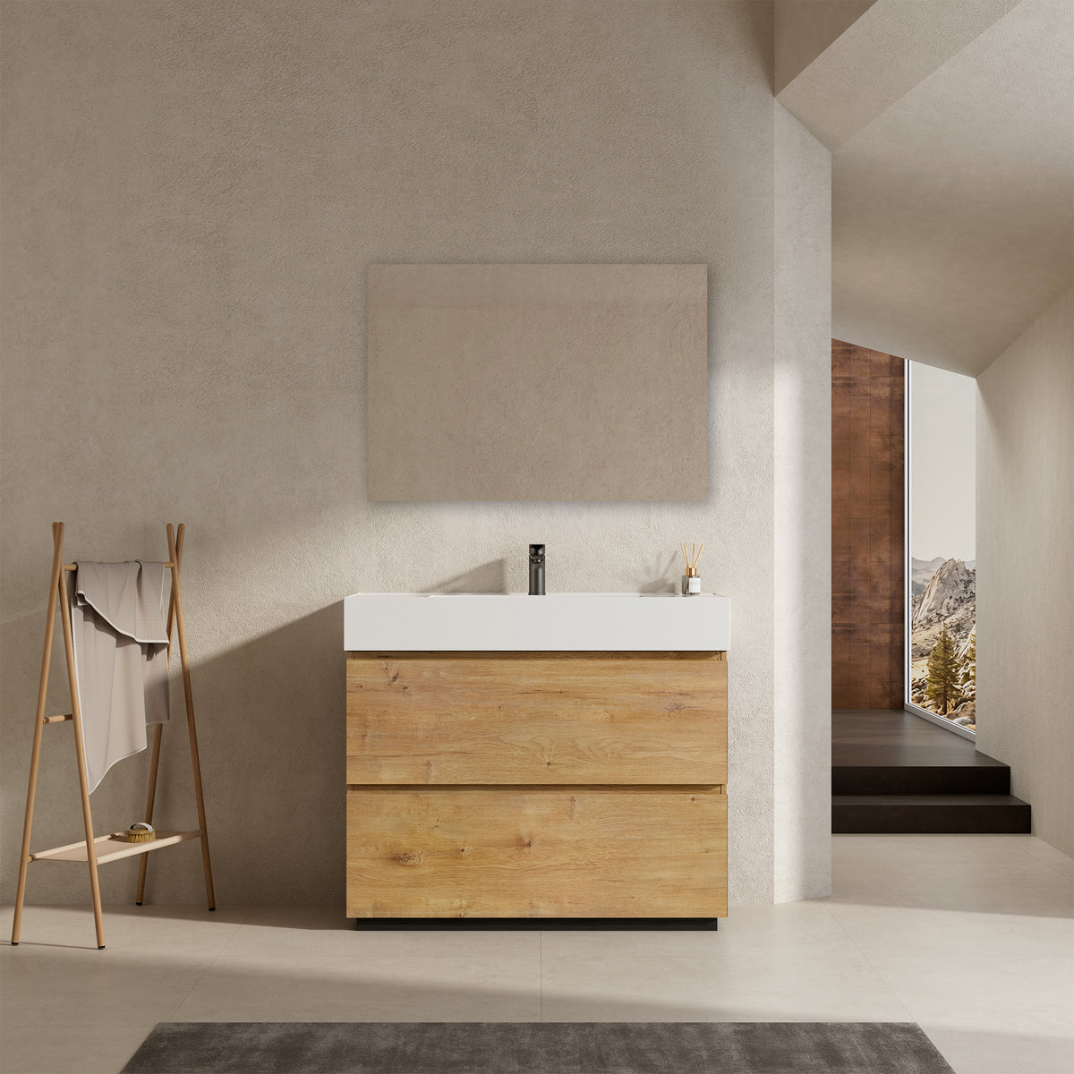 Mobile bagno a Terra 100 cm Bruno Medio Lavabo in Resina Specchio Tondo Retroilluminato - Nube Wood