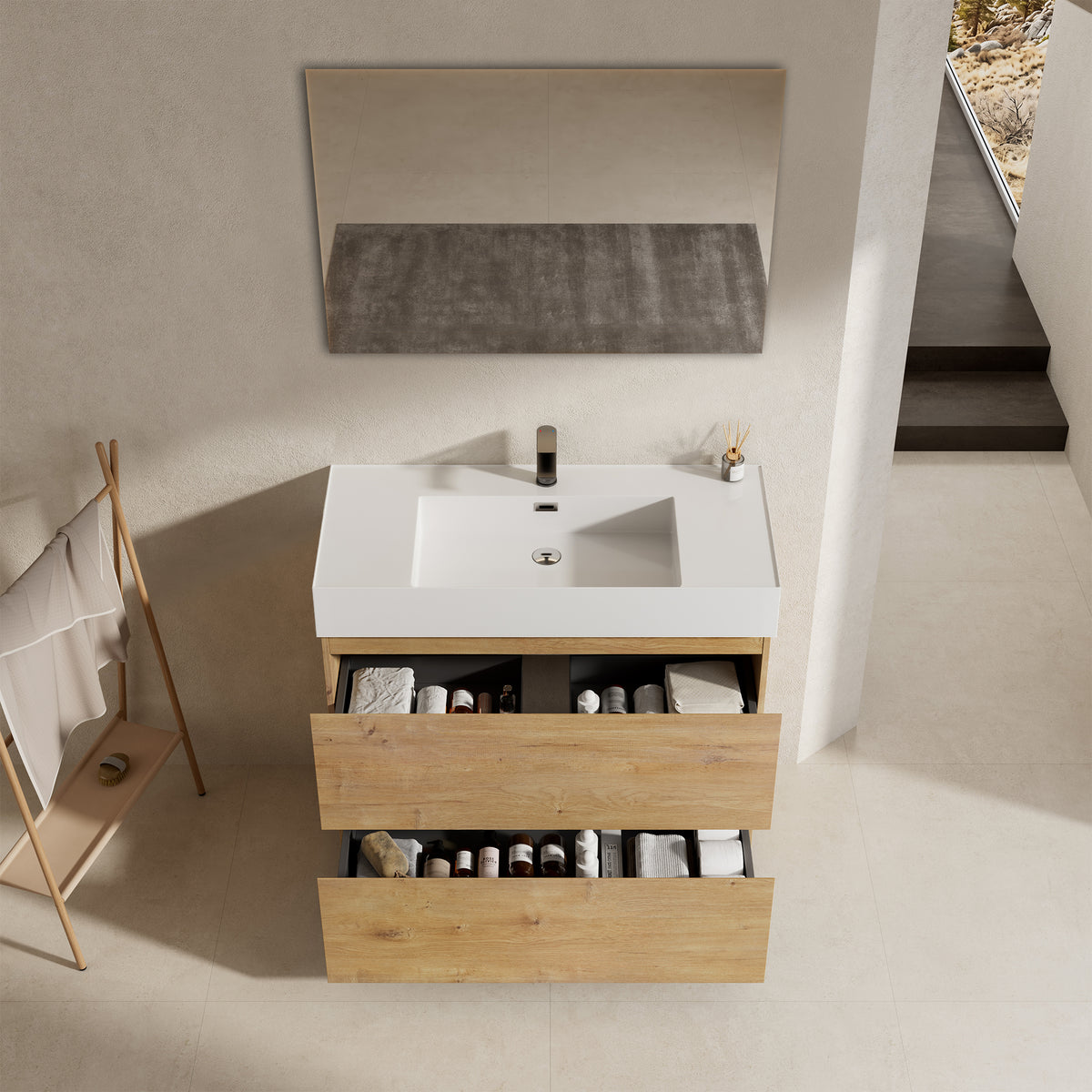 Mobile bagno a Terra 100 cm Bruno Medio Lavabo in Resina Specchio Tondo Retroilluminato - Nube Wood