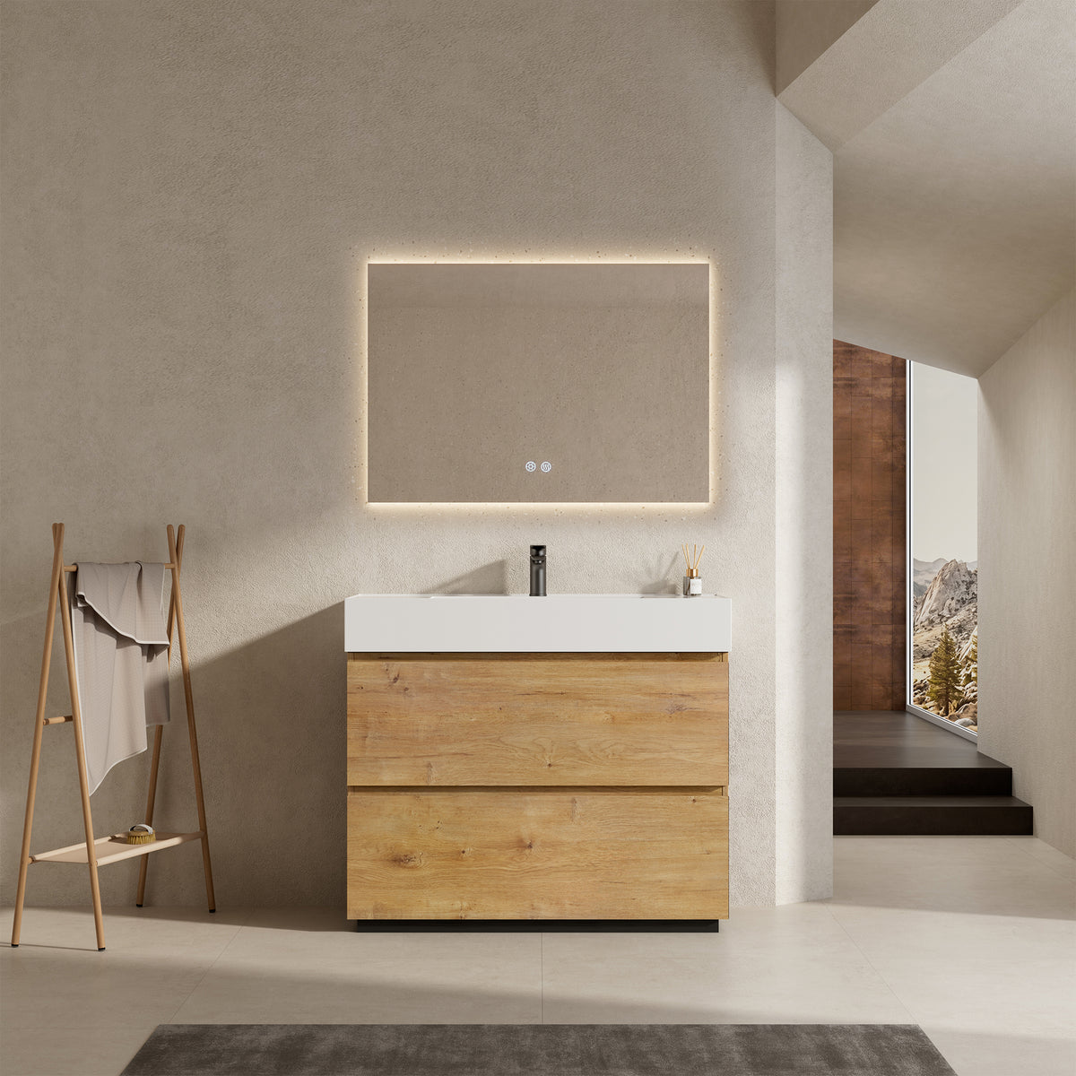 Mobile bagno a Terra 80 cm Bruno Medio Lavabo in Resina Specchio Quadro Retroilluminato - Nube Wood