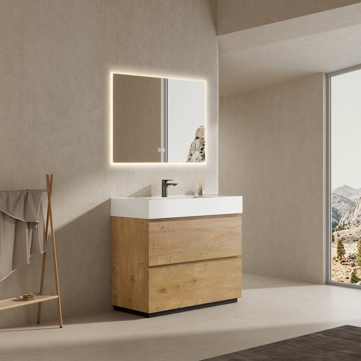 Mobile bagno a Terra 80 cm Bruno Medio Lavabo in Resina Specchio Quadro Retroilluminato - Nube Wood