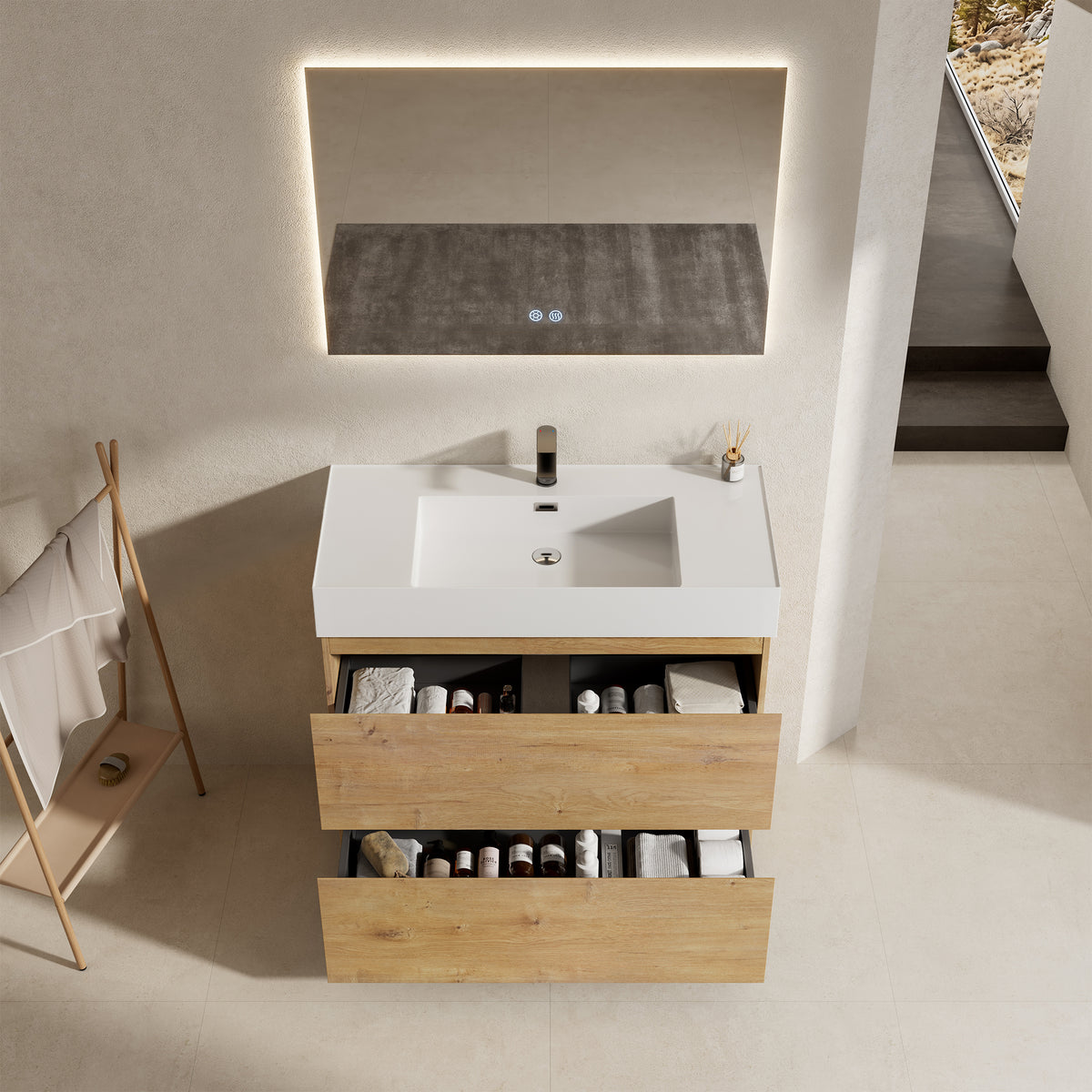 Mobile bagno a Terra 80 cm Bruno Medio Lavabo in Resina Specchio Quadro Retroilluminato - Nube Wood