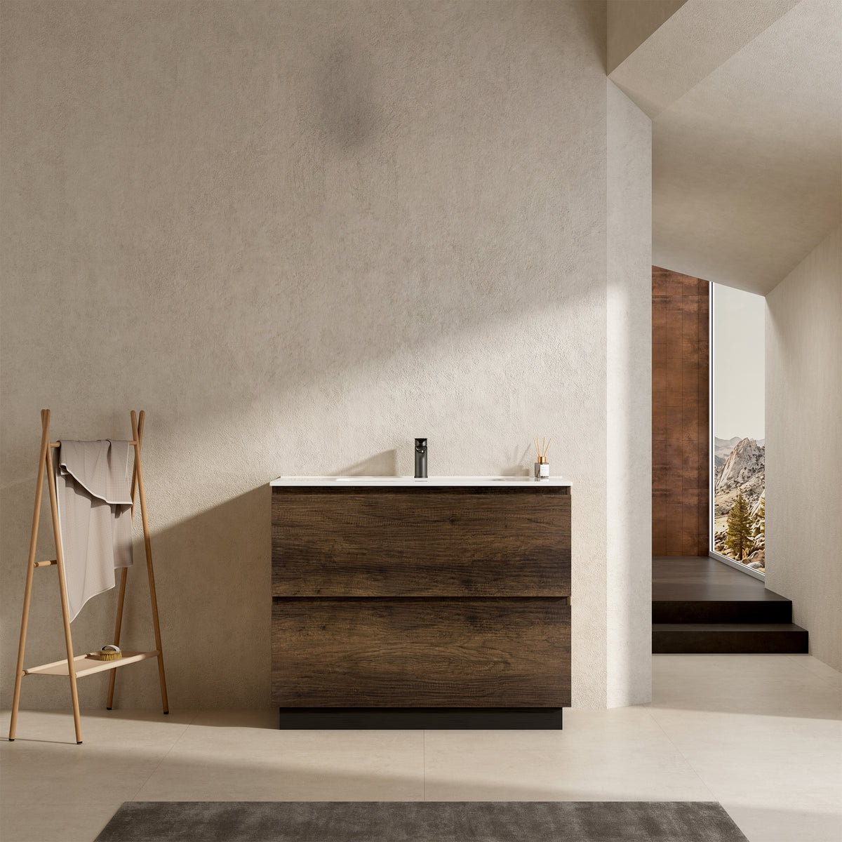 Mobile bagno a Terra 80 cm Bruno Scuro Lavabo in Ceramica Senza Specchio - Nube Wood