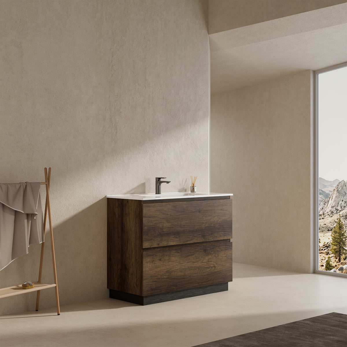 Mobile bagno a Terra 80 cm Bruno Scuro Lavabo in Ceramica Senza Specchio - Nube Wood