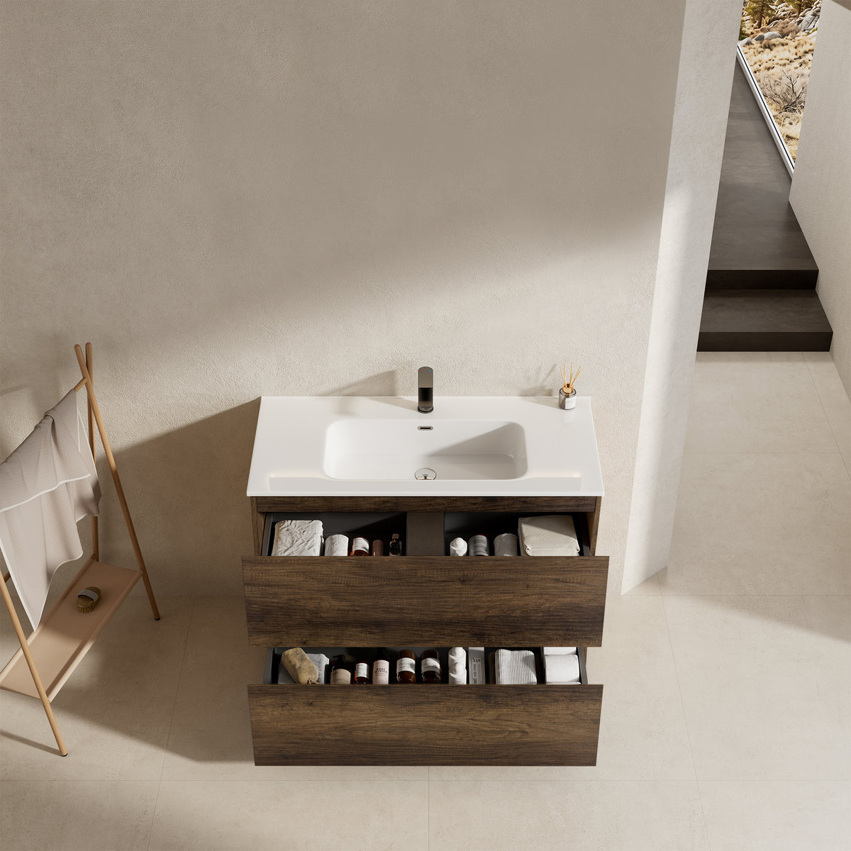 Mobile bagno a Terra 80 cm Bruno Scuro Lavabo in Ceramica Senza Specchio - Nube Wood