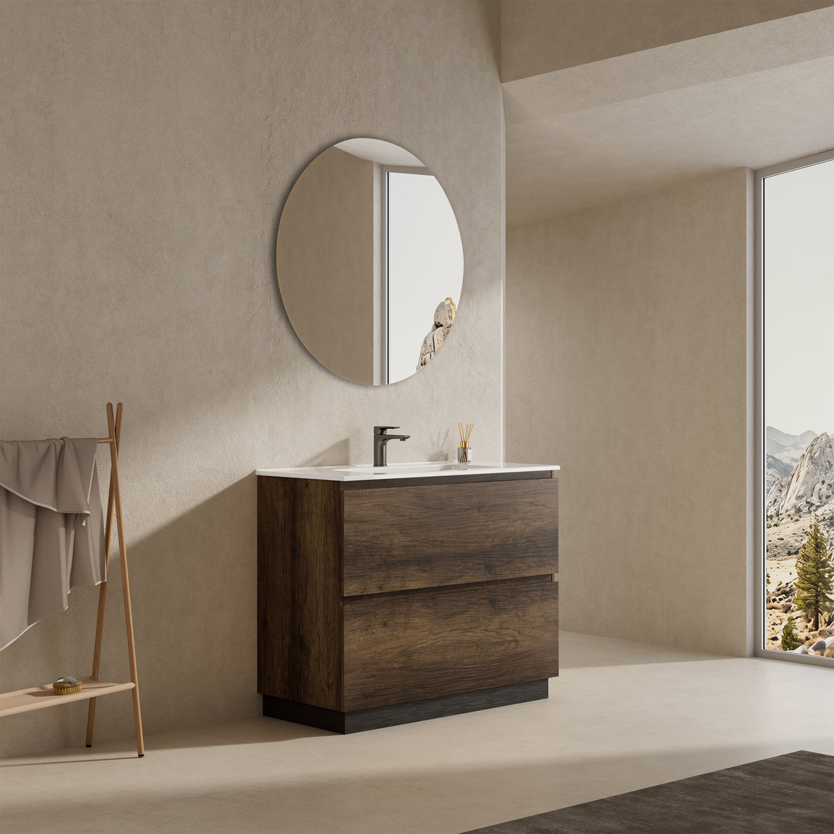 Mobile bagno a Terra 100 cm Bruno Scuro Lavabo in Ceramica Specchio Tondo - Nube Wood