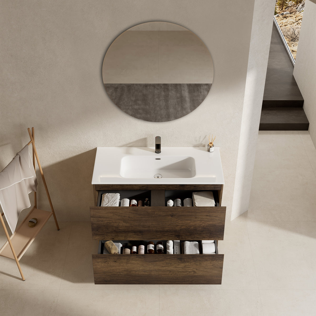Mobile bagno a Terra 100 cm Bruno Scuro Lavabo in Ceramica Specchio Tondo - Nube Wood