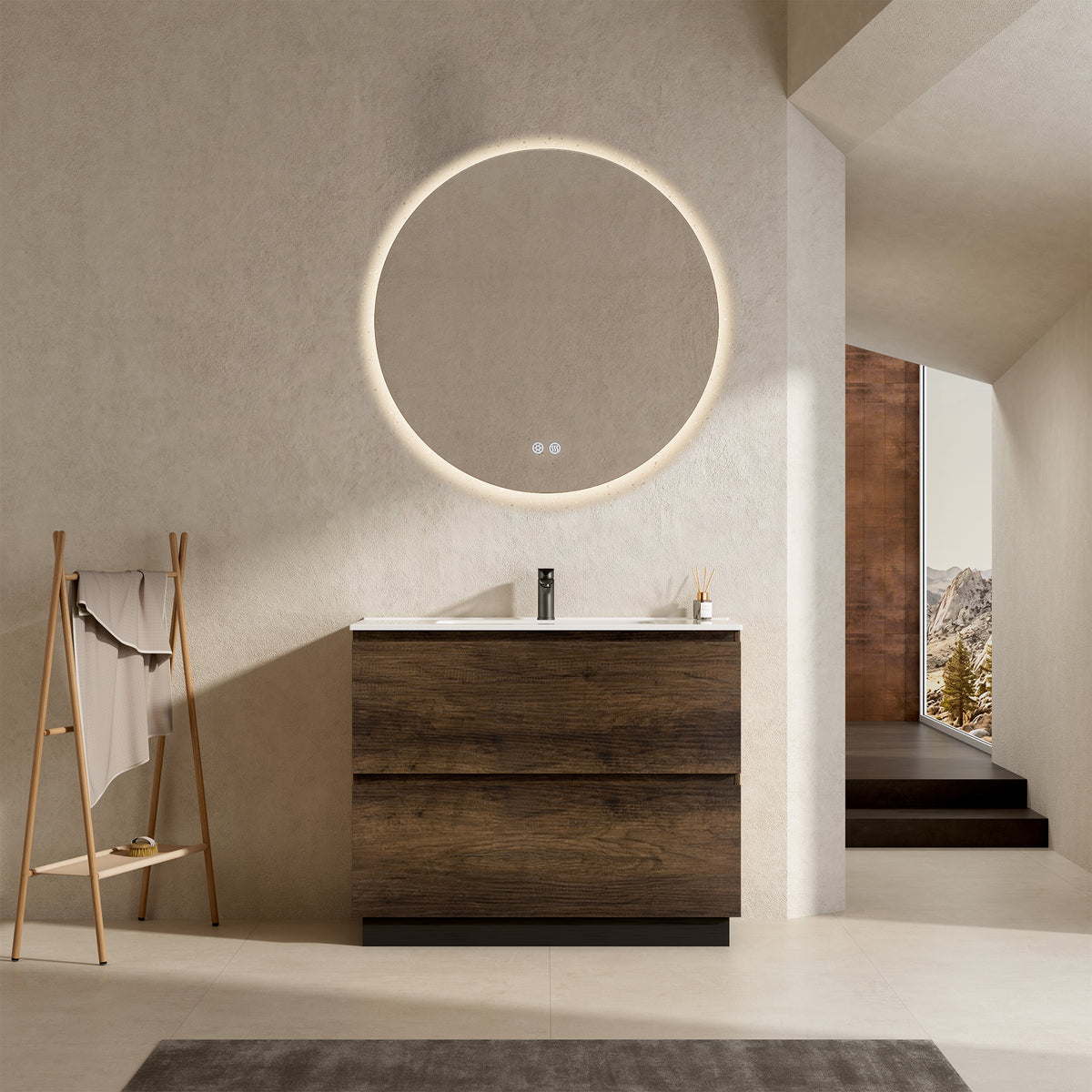 Mobile bagno a Terra 100 cm Bruno Scuro Lavabo in Ceramica Specchio Quadro - Nube Wood