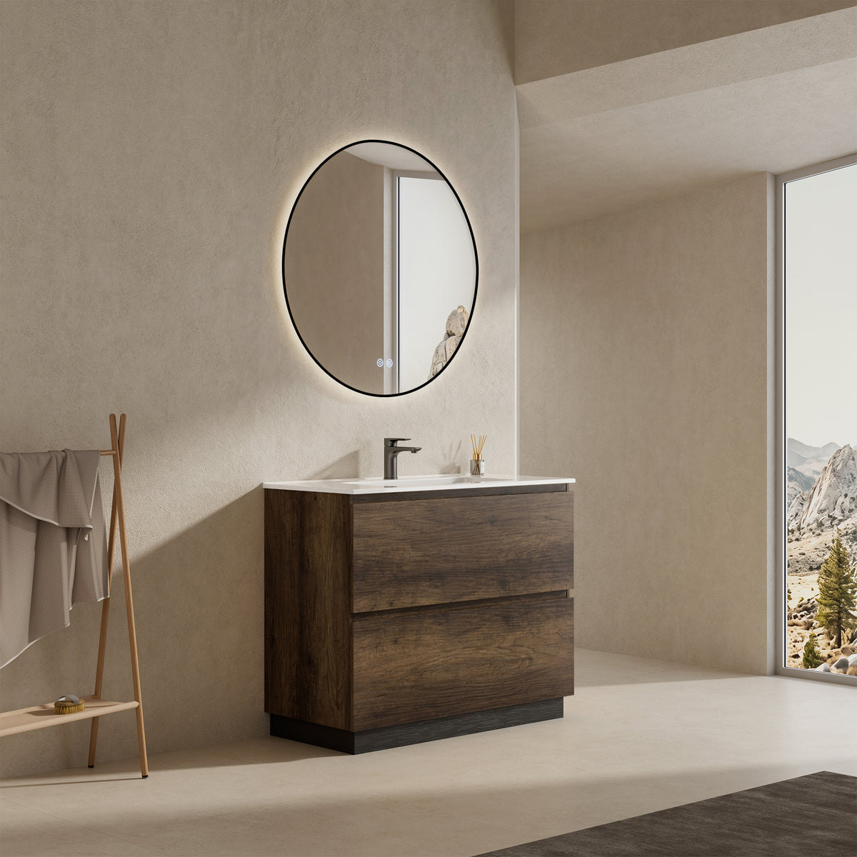 Mobile bagno a Terra 100 cm Bruno Scuro Lavabo in Ceramica Specchio Tondo Retroilluminato Profilo Nero - Nube Wood
