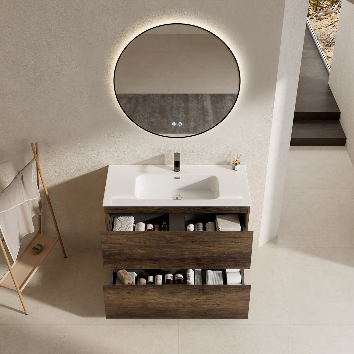 Mobile bagno a Terra 100 cm Bruno Scuro Lavabo in Ceramica Specchio Tondo Retroilluminato Profilo Nero - Nube Wood