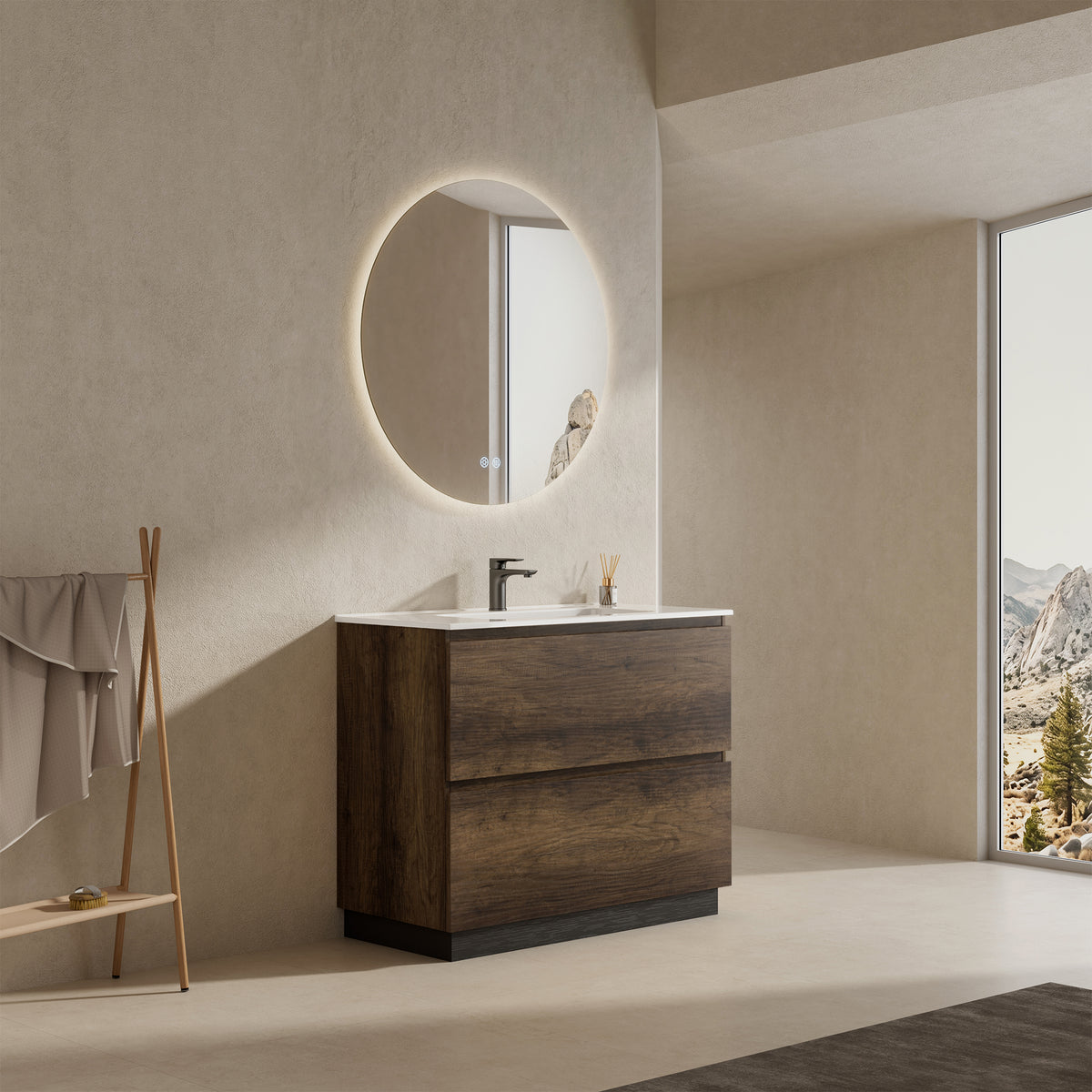 Mobile bagno a Terra 100 cm Bruno Scuro Lavabo in Ceramica Specchio Quadro - Nube Wood