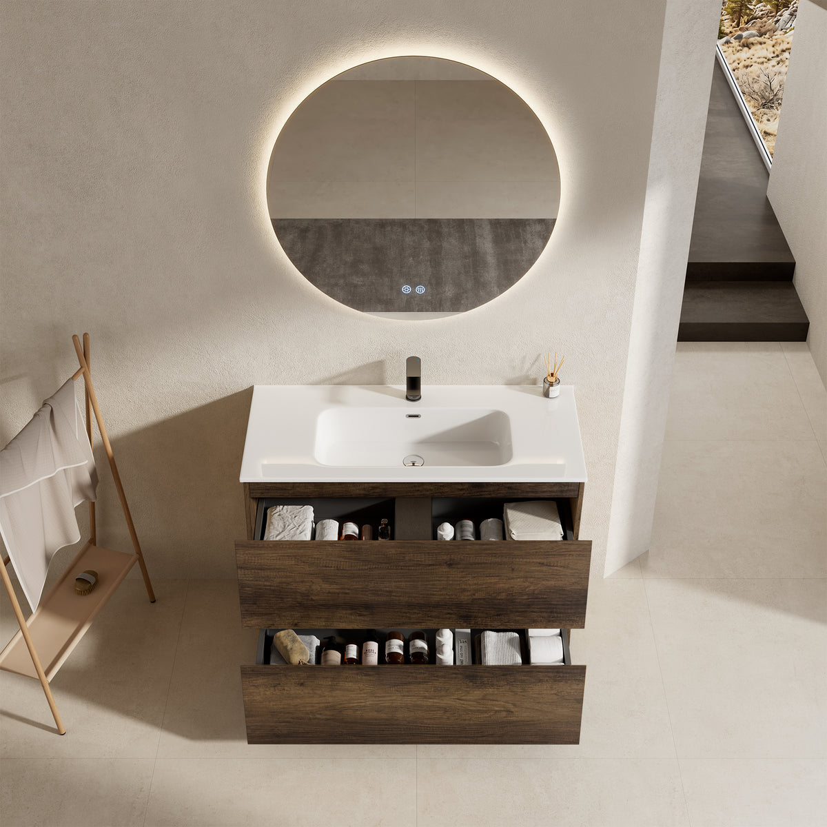 Mobile bagno a Terra 100 cm Bruno Scuro Lavabo in Ceramica Specchio Quadro - Nube Wood