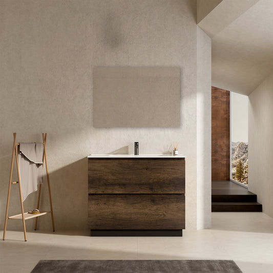 Mobile bagno a Terra 100 cm Bruno Scuro Lavabo in Ceramica Specchio Tondo Retroilluminato - Nube Wood
