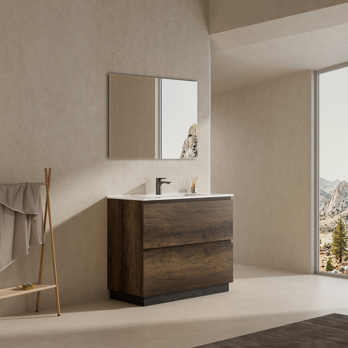 Mobile bagno a Terra 80 cm Bruno Scuro Lavabo in Ceramica Specchio Tondo Retroilluminato - Nube Wood