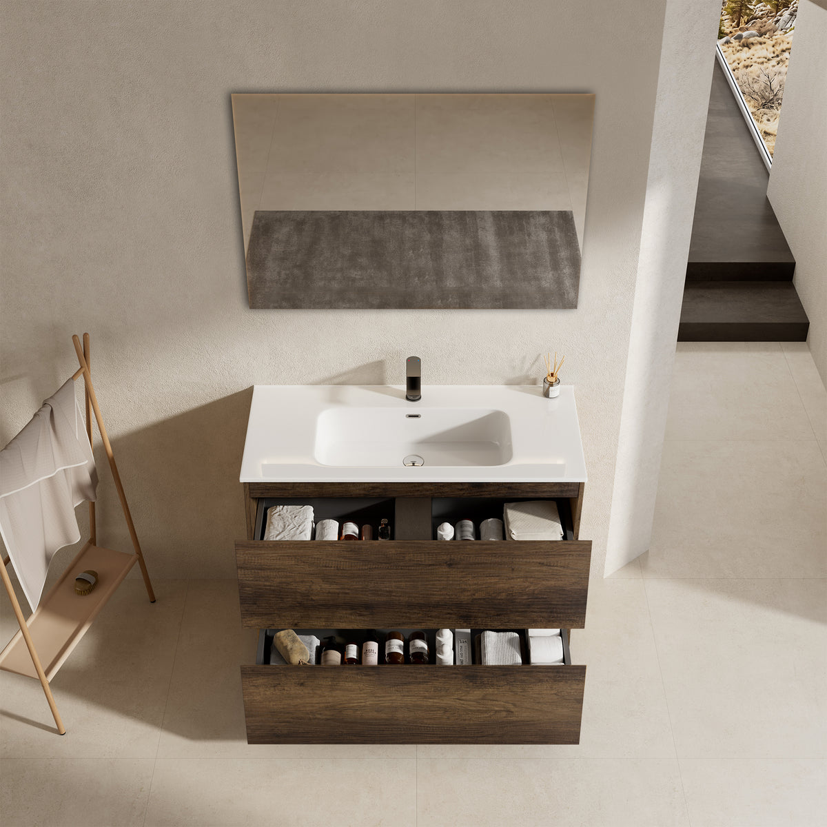 Mobile bagno a Terra 80 cm Bruno Scuro Lavabo in Ceramica Specchio Tondo Retroilluminato - Nube Wood