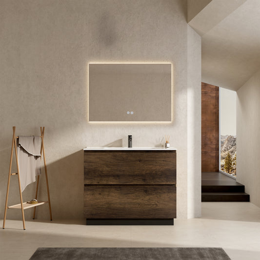 Mobile bagno a Terra 100 cm Bruno Scuro Lavabo in Ceramica Specchio Quadro Retroilluminato - Nube Wood