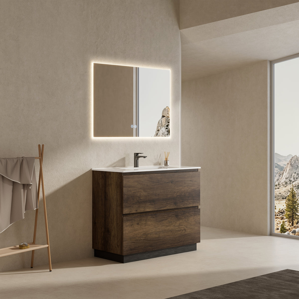 Mobile bagno a Terra 80 cm Bruno Scuro Lavabo in Ceramica Specchio Quadro Retroilluminato - Nube Wood