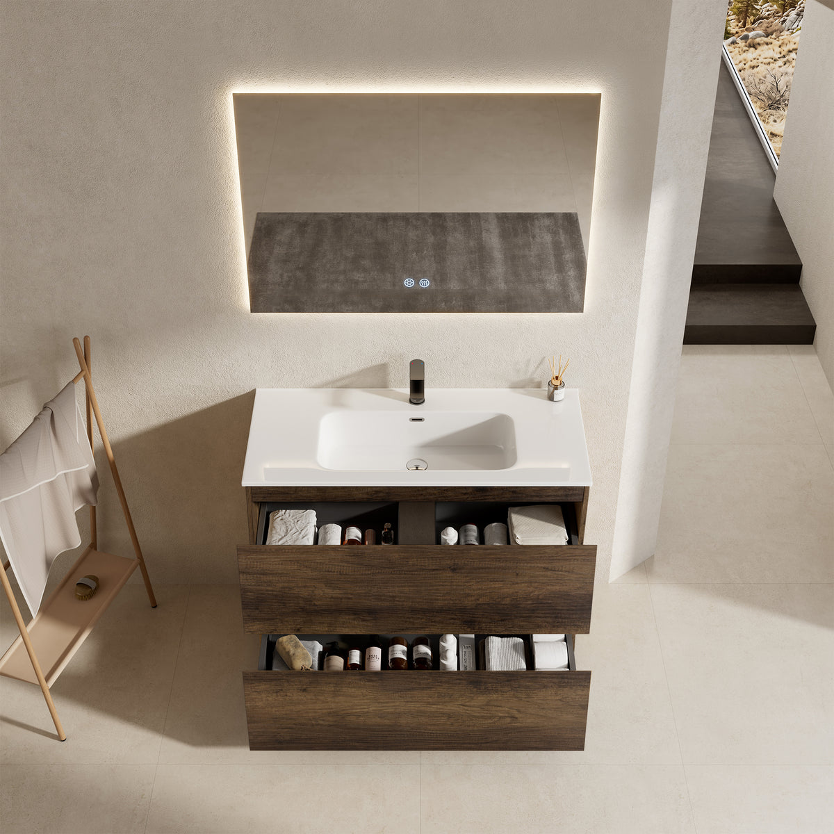Mobile bagno a Terra 80 cm Bruno Scuro Lavabo in Ceramica Specchio Quadro Retroilluminato - Nube Wood