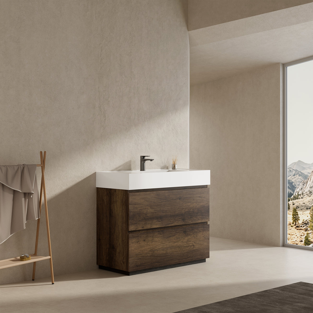 Mobile bagno a Terra 80 cm Bruno Scuro Lavabo in Resina Senza Specchio - Nube Wood