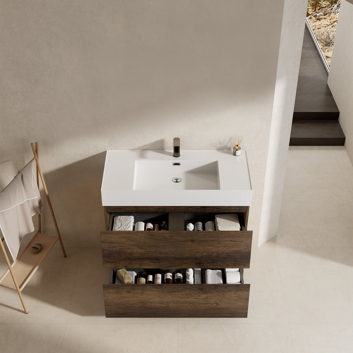 Mobile bagno a Terra 80 cm Bruno Scuro Lavabo in Resina Senza Specchio - Nube Wood